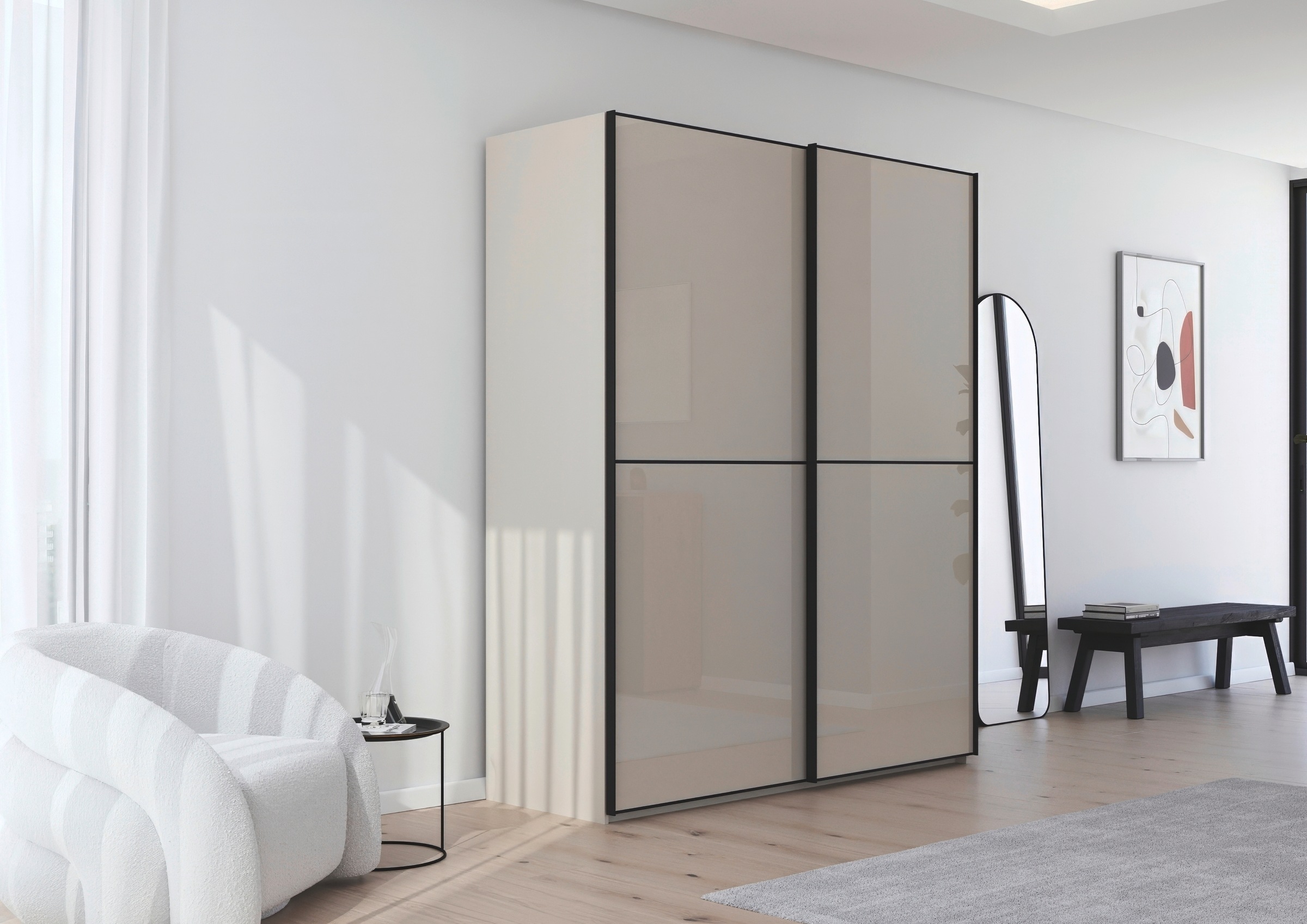 rauch Schwebetürenschrank »Kleiderschrank Schrank Garderobe Schlafzimmerschrank SCALE-DUO«, edle zweigeteilte Türen Glas-Front mit 3 Zierleisten MADE IN GERMANY