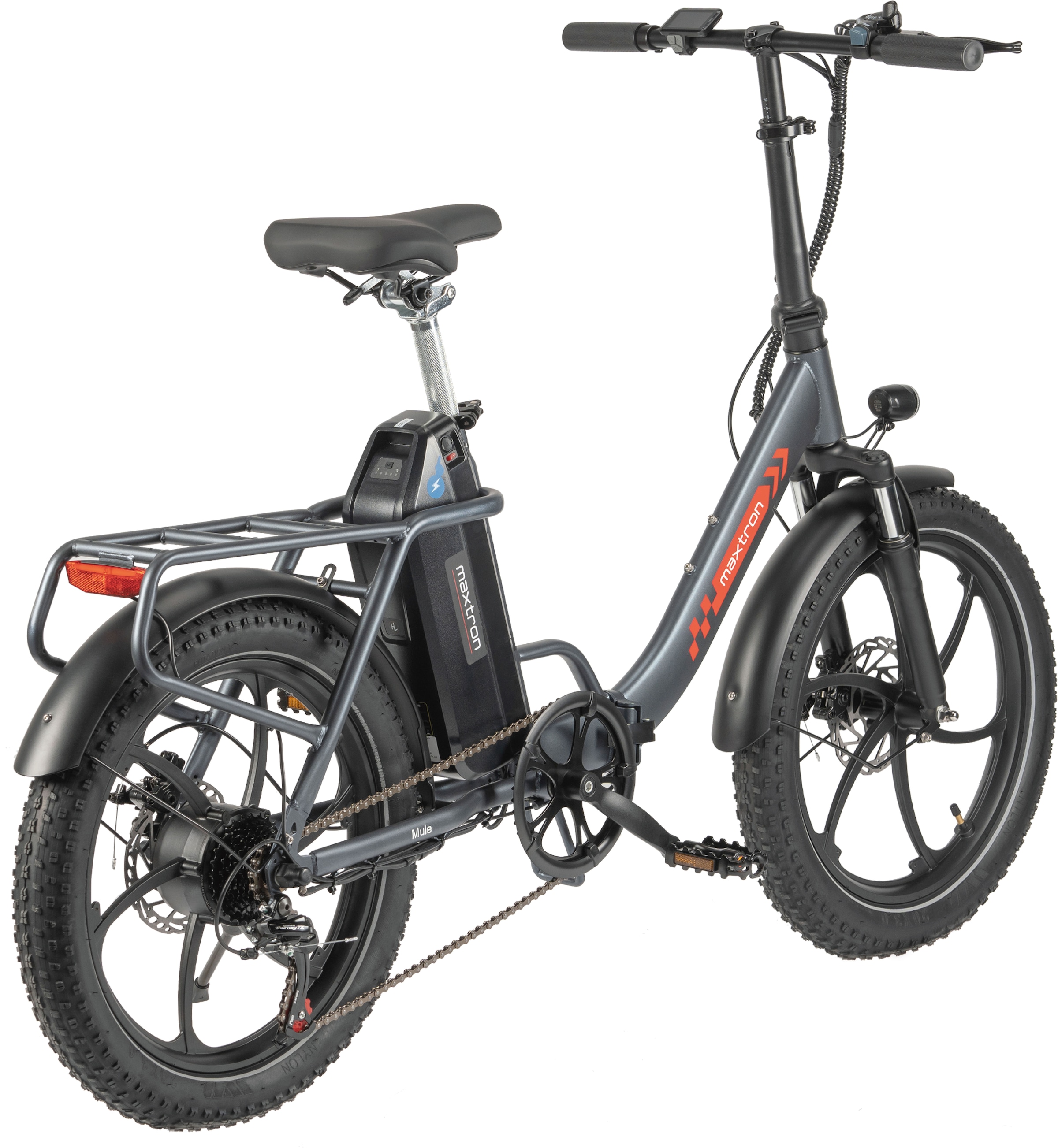 Maxtron »Maxtron MULE Klapprad« 7 Gang Shimano ALTUS Schaltwerk Kettenschaltung 350 W Packung,  Stadt & Abenteuer: 20" Fatbike mit XXL 20Ah Akku.
