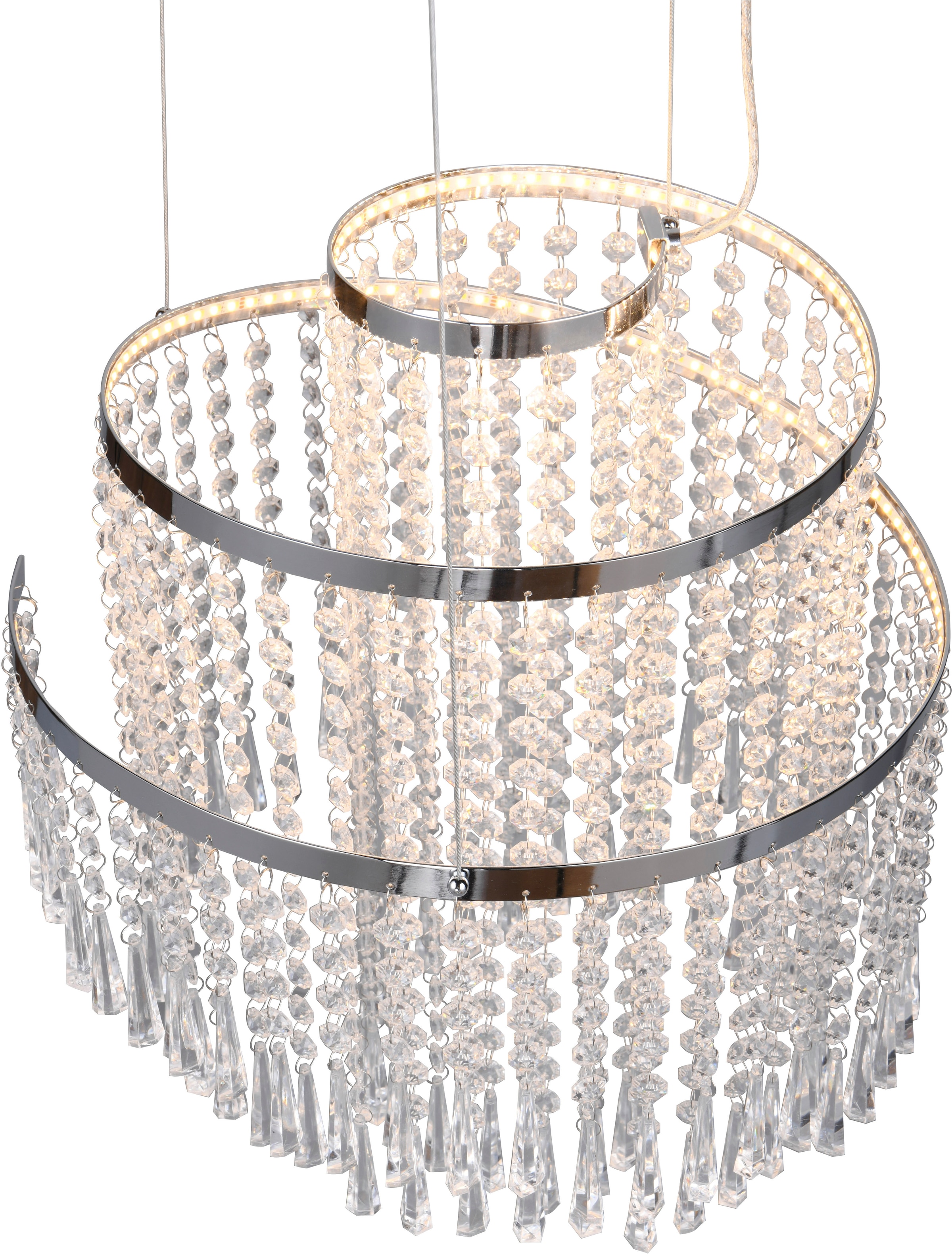 REALITY Leuchten LED Pendelleuchte »POMP, Kronleuchter chromfarbig mit Acryl Behang Ø 38cm Höhe 150 cm« LED-Board 1 Stk. Farbwechsler | warmweiß - kaltweiß LED Hängelampe 30W 4300 Lumen CCT 2700-6500K dimmbar mit Fernbedienung