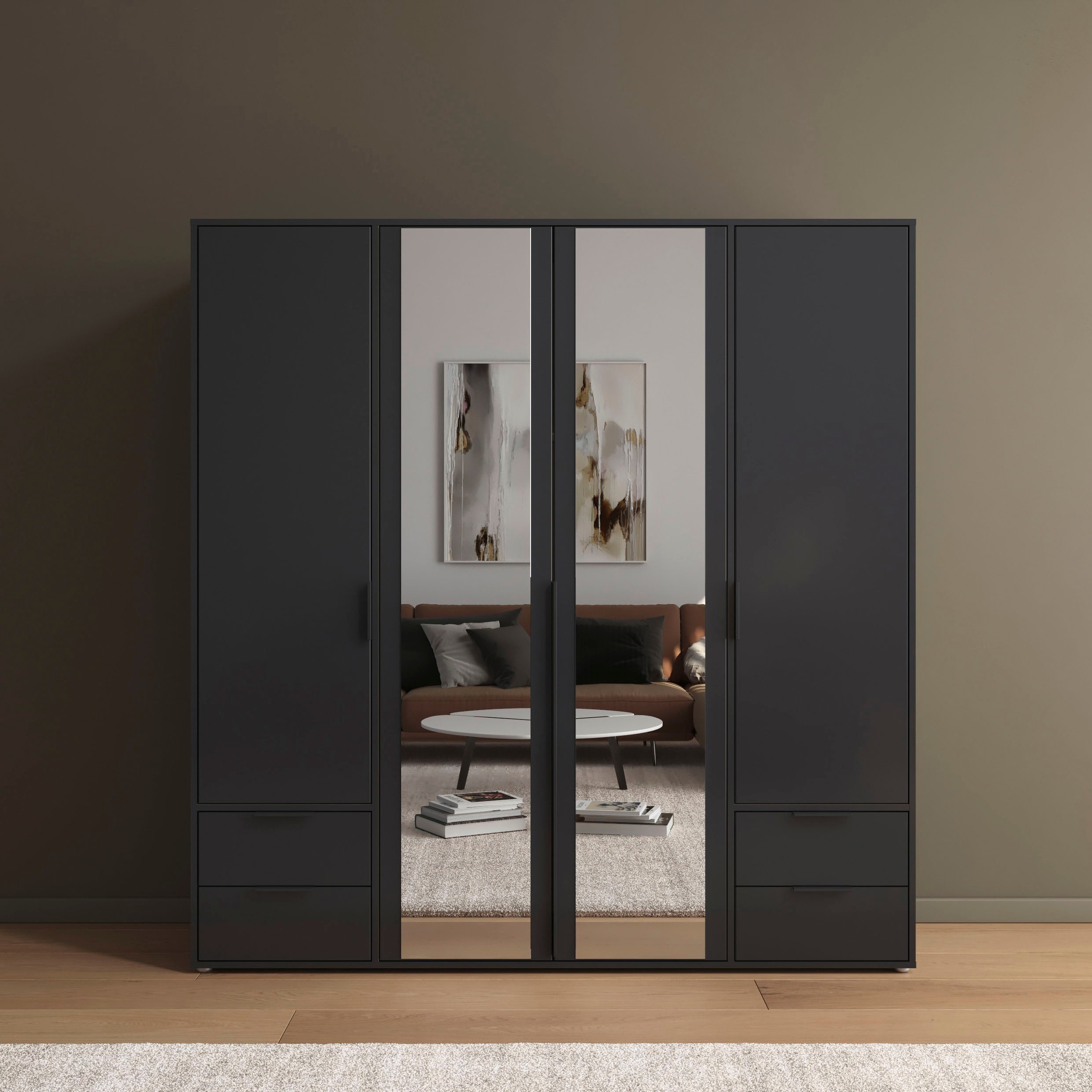 rauch Drehtürenschrank »Kleiderschrank Schrank Garderobe Wäscheschrank NAGATA mit Spiegel«, (in 3 verschiedenen Ausstattungen BASIC/CLASSIC/PREMIUM), und Schubladen sowie Stangengriffen TOPSELLER MADE IN GERMANY
