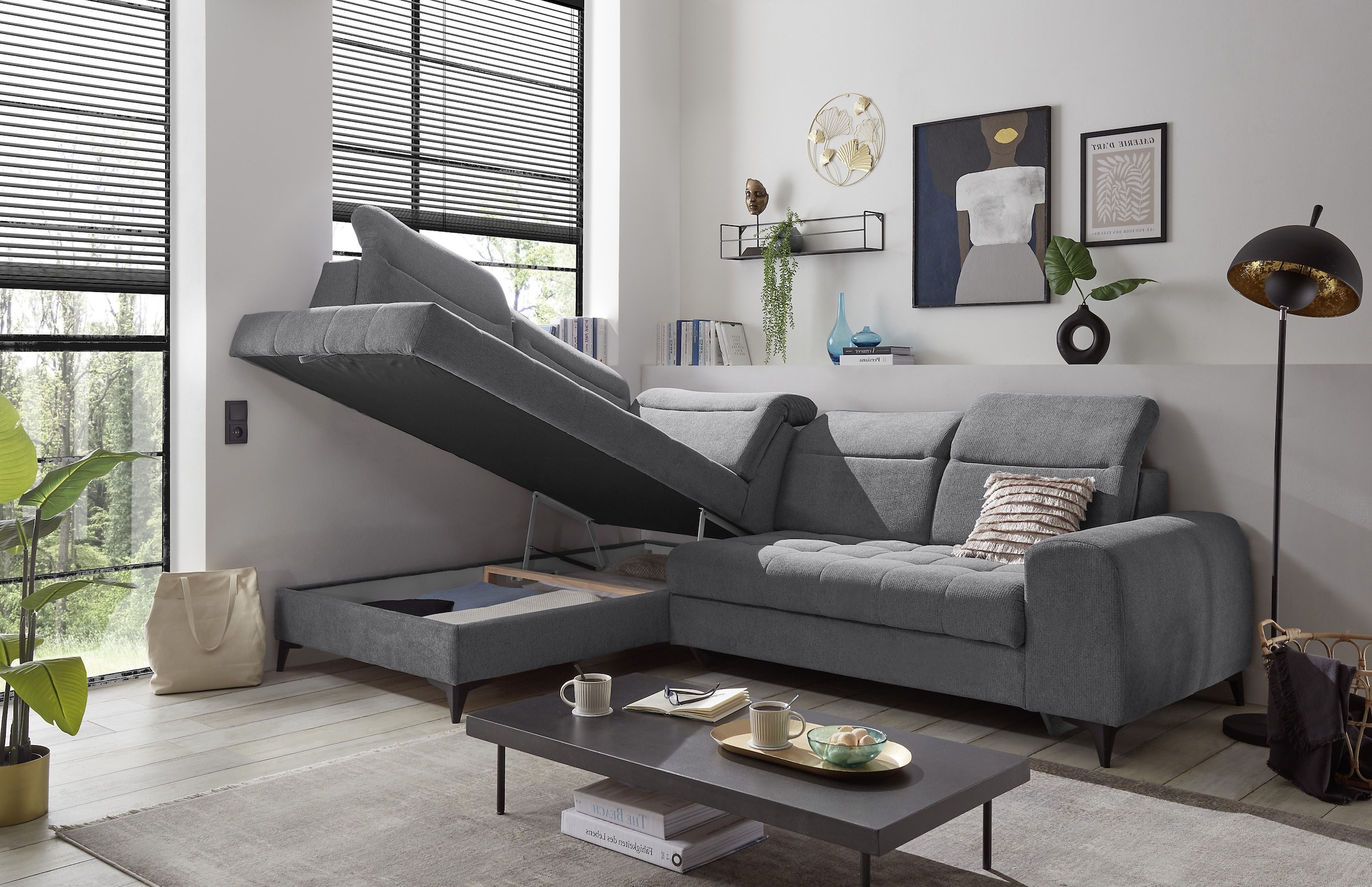 ED EXCITING DESIGN Ecksofa »Rockdale L-Form mit Bettfunktion, Bettkasten« Kopfteilverstellung, Sitztiefenverstellung & USB-Port