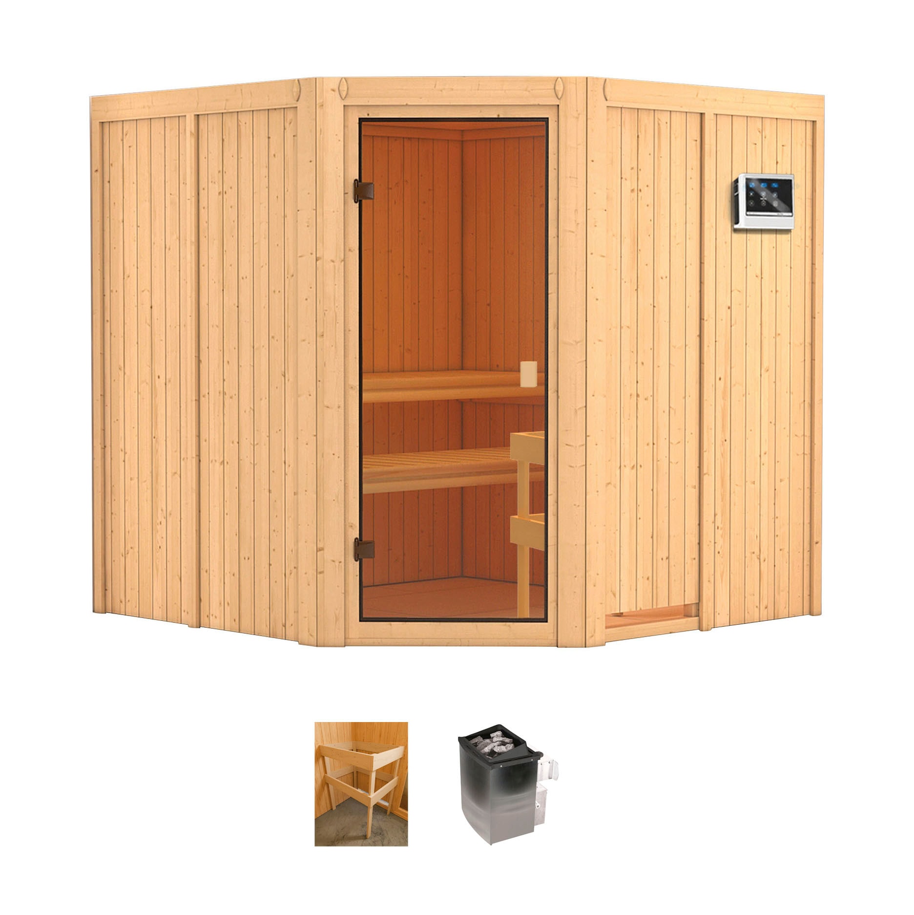 Sauna „Merkur“, (Set), 9 kW-Ofen mit int. Steuerung naturbelassen