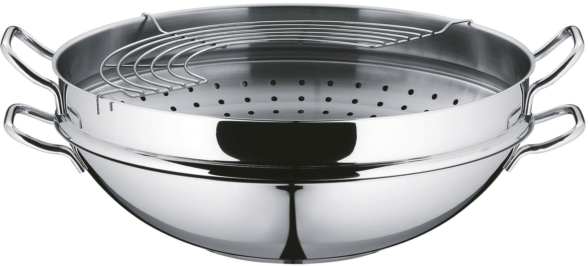 WMF Wok »Macao«, Cromargan® Edelstahl Rostfrei 18/10, (Set, 4 tlg., 1 x Wok mit Glasdeckel, Dämpfeinsatz, Rezeptheft), Induktion