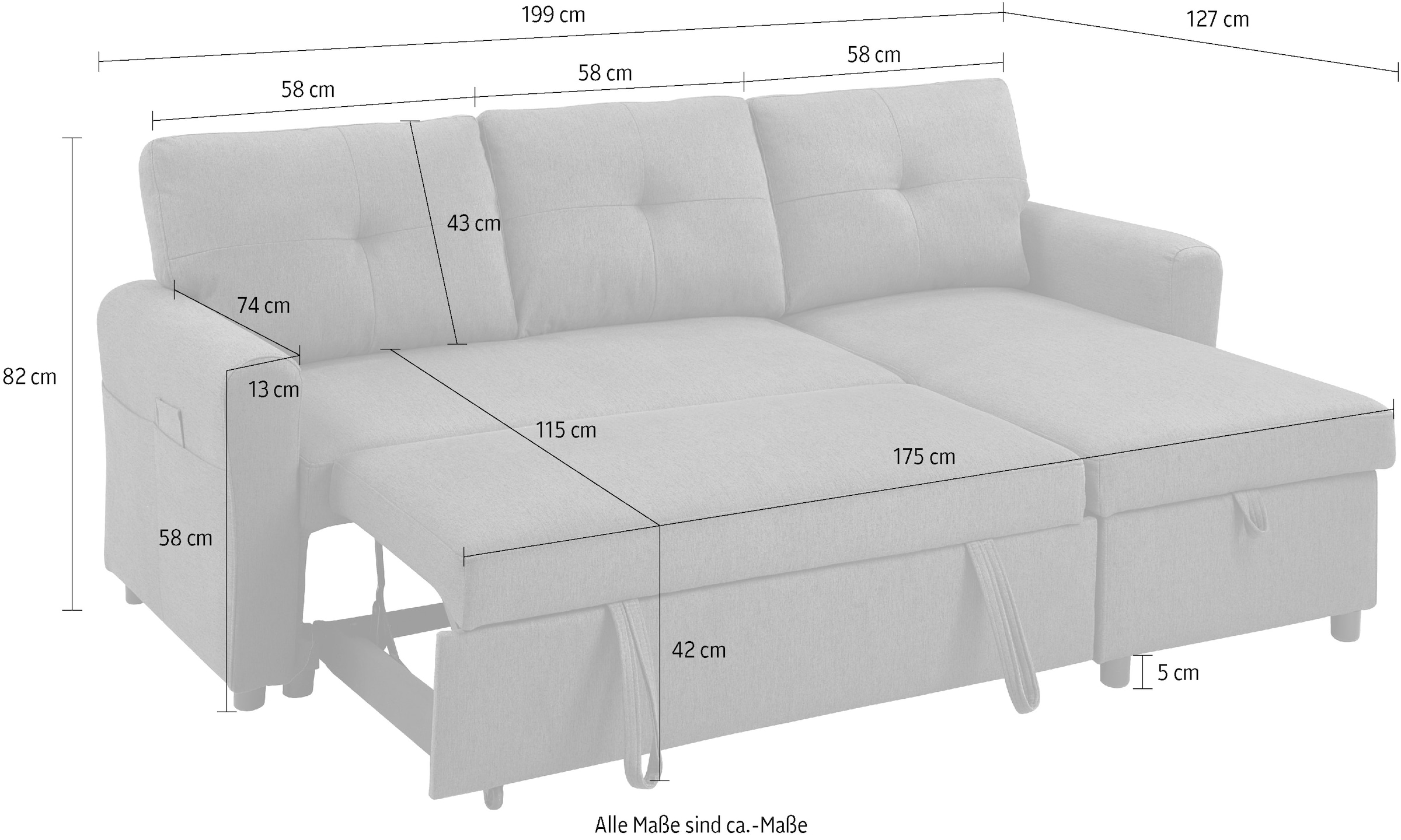 ATLANTIC home collection Ecksofa »Gustavo L-Form«, mit Schlaffunktion, Stauraum & seitlichen Taschen