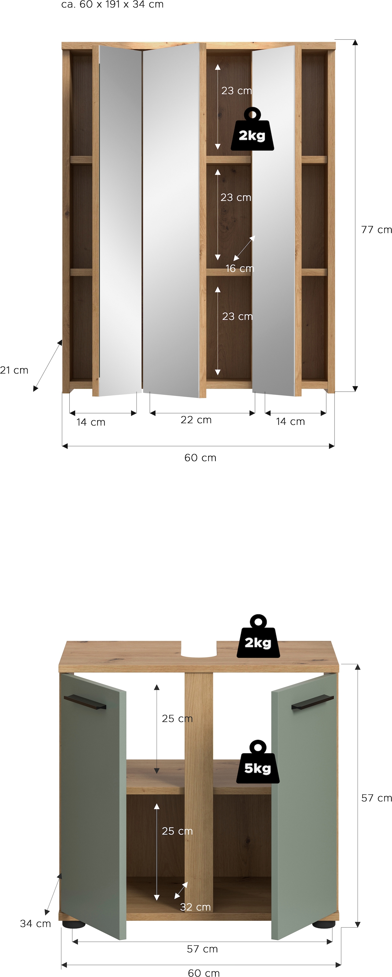 welltime Badmöbel-Set »LUCCA, 2- teilig, Waschbeckenunterschrank, Spiegelschrank« Set, bestehend aus: 1x Waschbeckenunterschrank & 1x Spiegelschrank, 2 Stk. tlg.