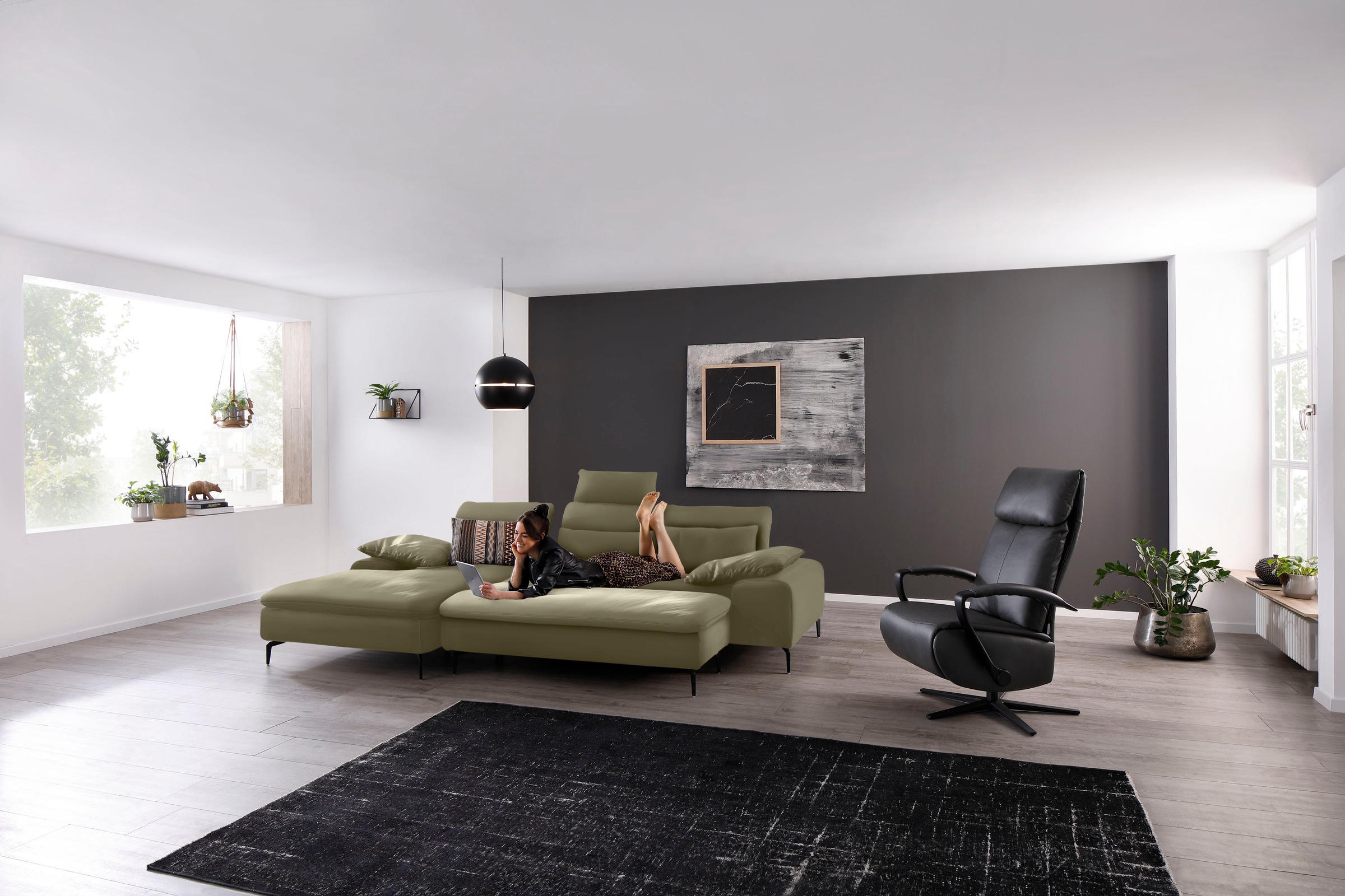 W.SCHILLIG Ecksofa »valentinoo, Designsofa, bequem, elegant und zeitlos, L-Form«, (Set), inklusive Hocker, mit Sitztiefenverstellung, Breite 299 cm