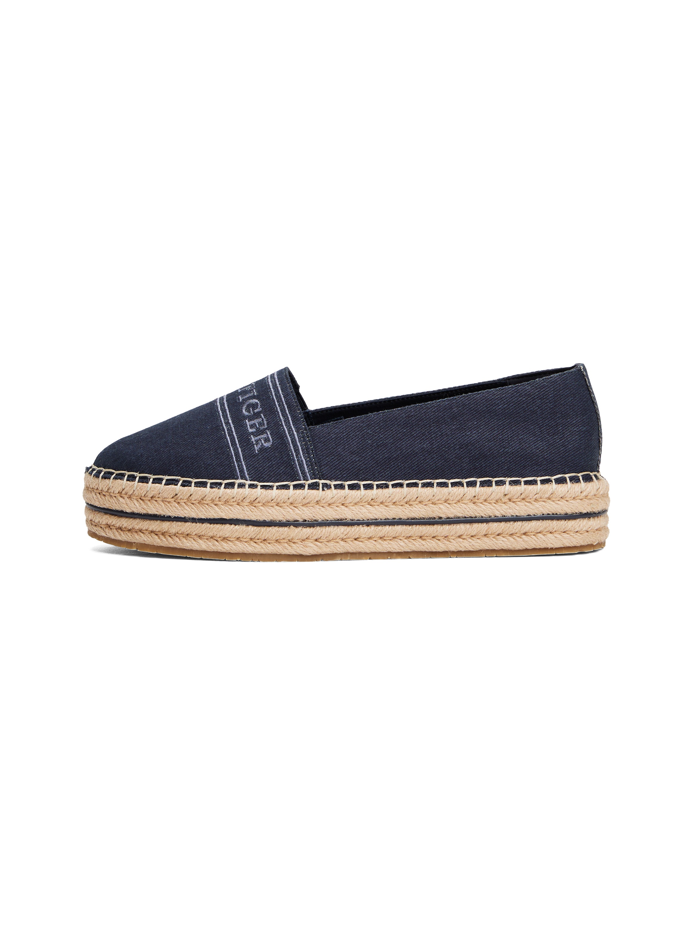 Tommy Hilfiger Espadrille »DENIM PLATFORM ESPADRILLE«, Plateau, Slipper, Schlupfschuh, Bequemschuh mit Bastbezug am Plateau
