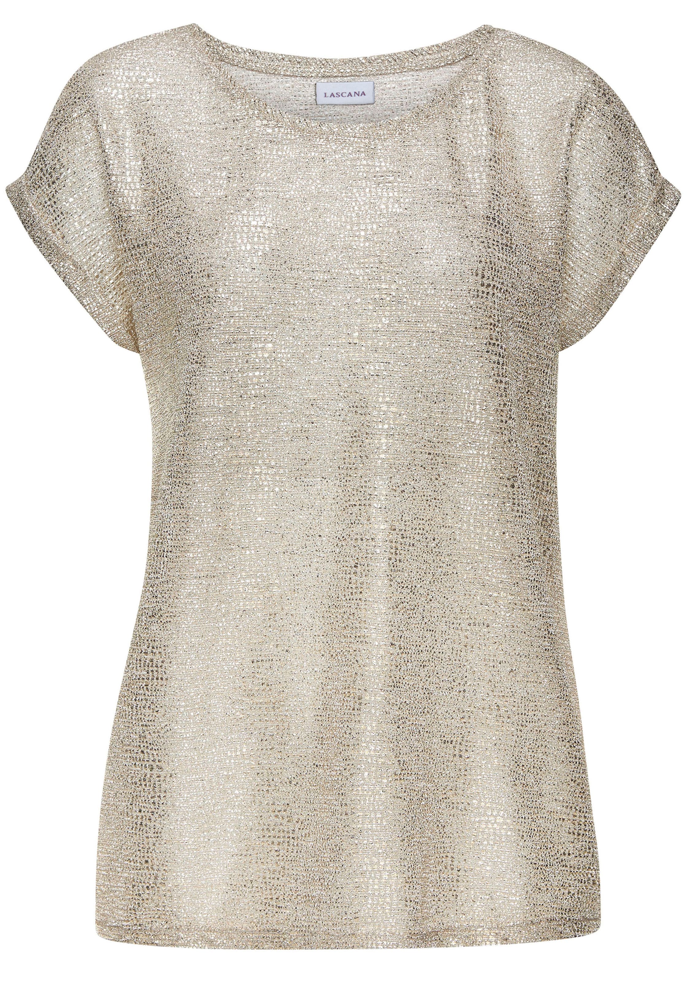 LASCANA Kurzarmshirt, mit goldfarbenem Alloverprint, Folienprint, transparent, festlich