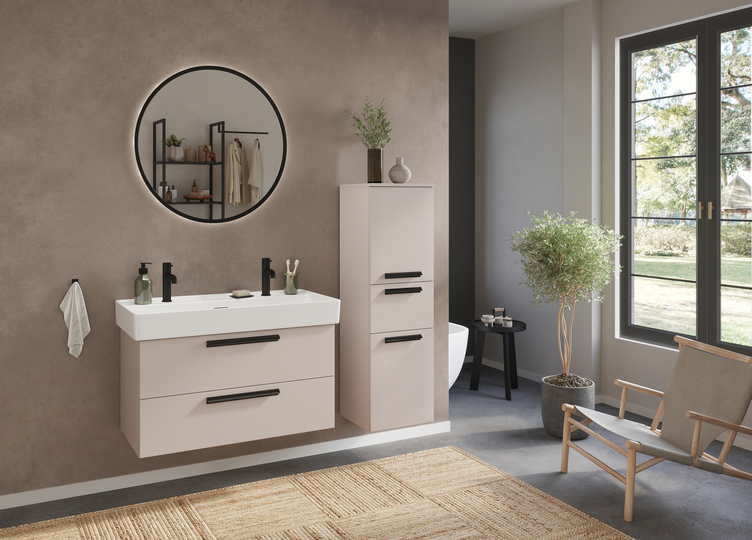 welltime Waschtisch »SALVADA, Softclose-Auszüge, Keramikbecken« Maße (B/T/H): 100/48/63 cm,  Kaschmir, Lochbohrung für zwei Armaturen, Anti-Finger-Print