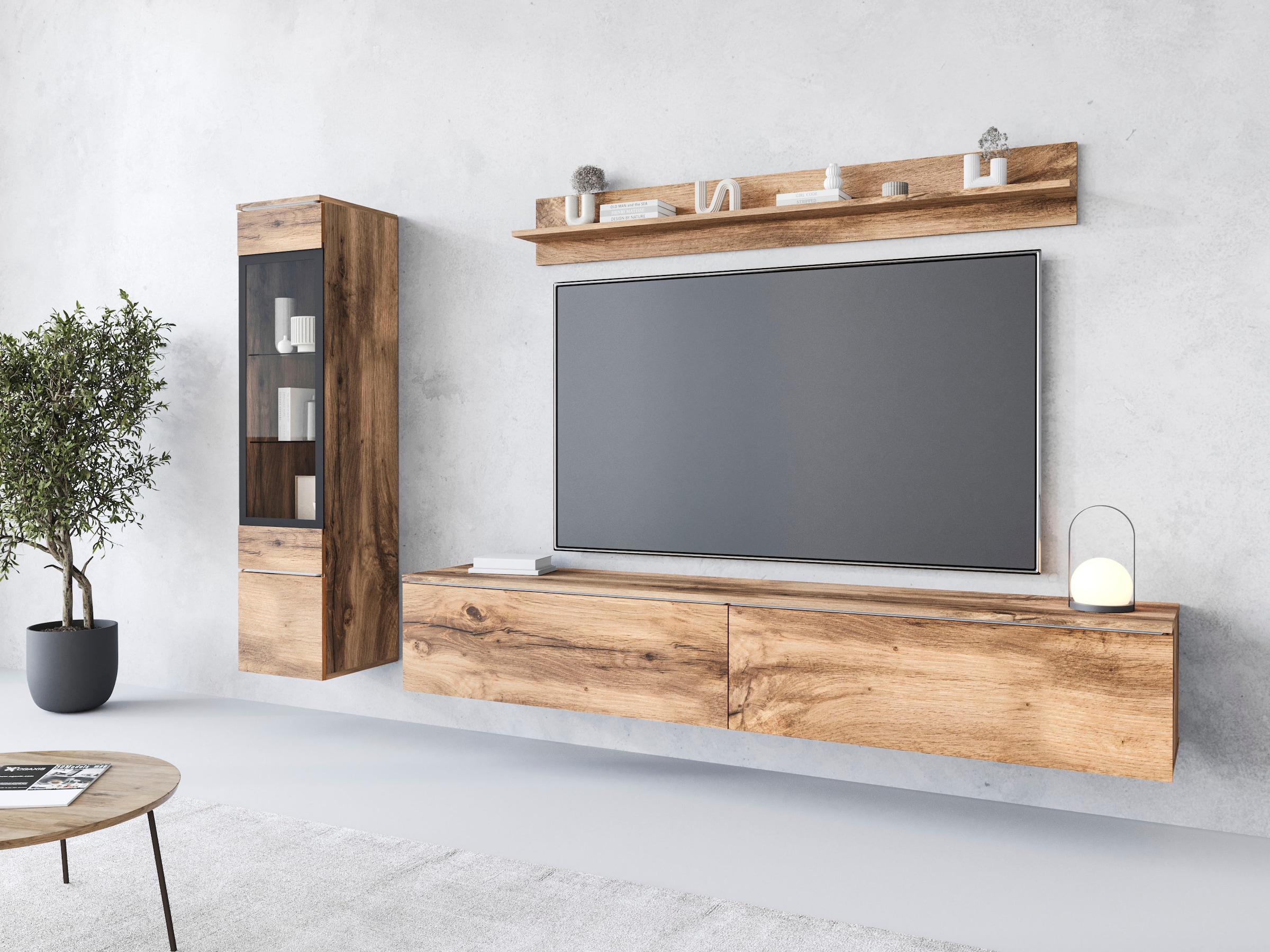 INOSIGN Wohnwand »VERA I, Vitrinen Türanschlag links/rechts wechselbar«, (Komplett-Set, 3 St.), Mediawand 230 cm, Vitrine mit Verglasung, stehend und hängend