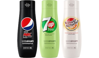 Getränke-Sirup, (3 Flaschen), PepsiMax,7UP Free+SchwipSchwap Zero,440ml für je 9L...