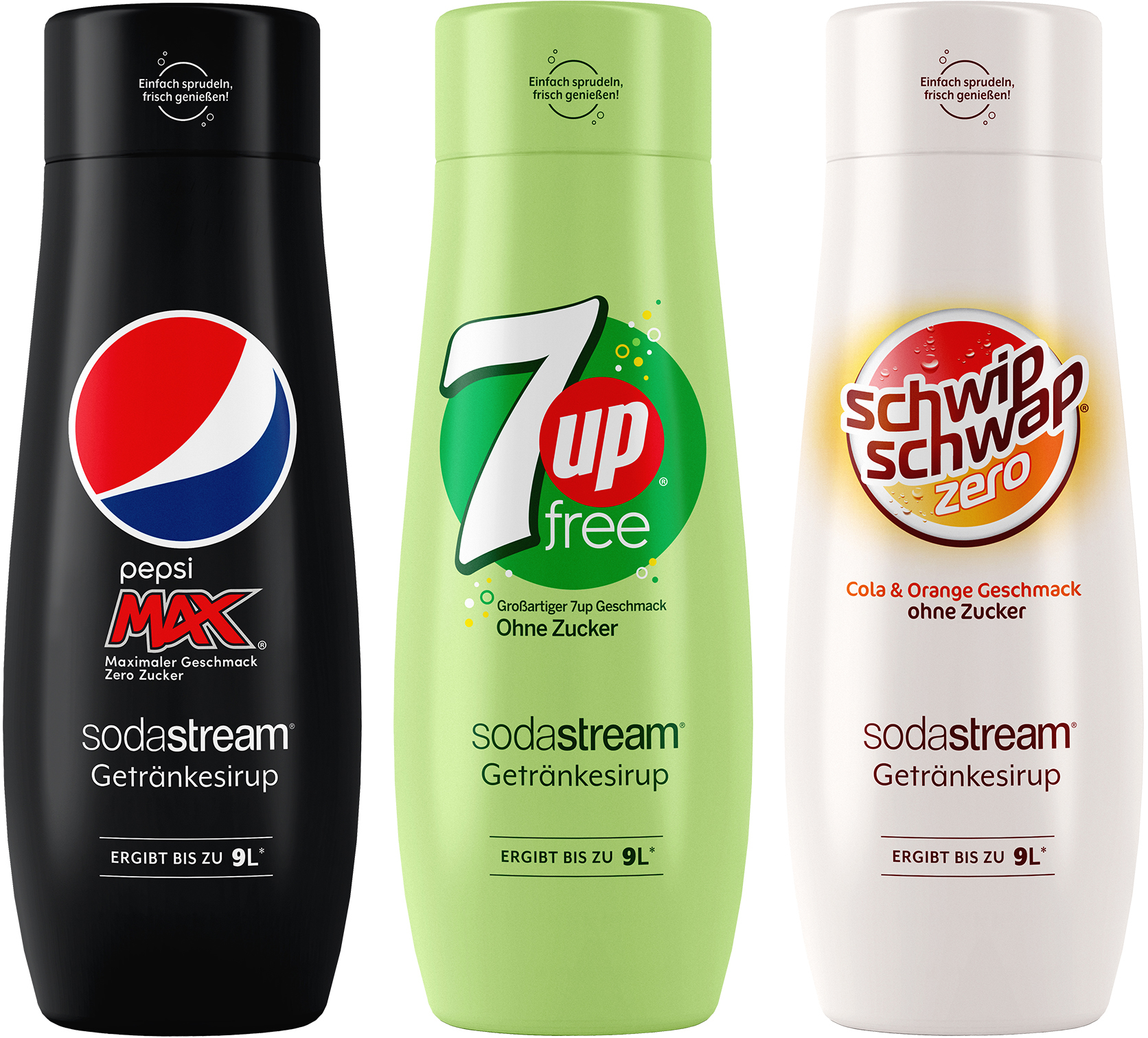 Getränke-Sirup, (3 Flaschen), PepsiMax,7UP Free+SchwipSchwap Zero,440ml für je 9L...