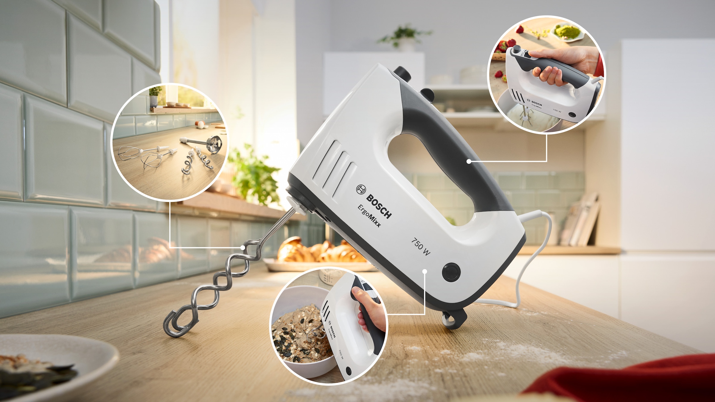 BOSCH Handmixer »ErgoMixx MFQ37470, Edelst. Rührbesen/Knethaken, 5 Stufen, weiß«, 750 W, Turbostufe, Mixfuß, leichtes Gehäuse, Made in Europe