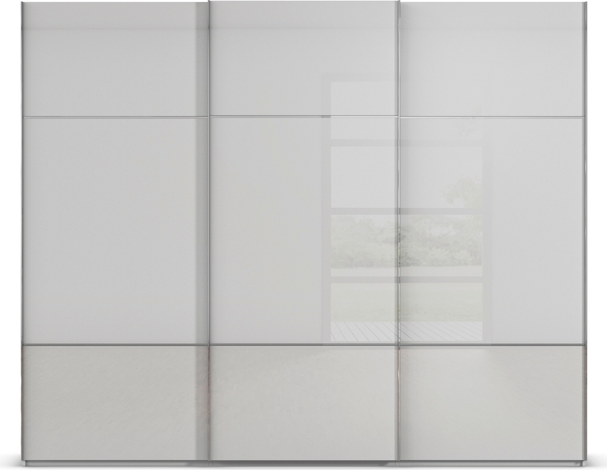 rauch Schwebetürenschrank »Kleiderschrank Schrank Garderobe Schlafzimmerschrank SCALE-TRIO«, edle dreigeteilte Front mit 2 Zierleisten Glasfront MADE IN GERMANY
