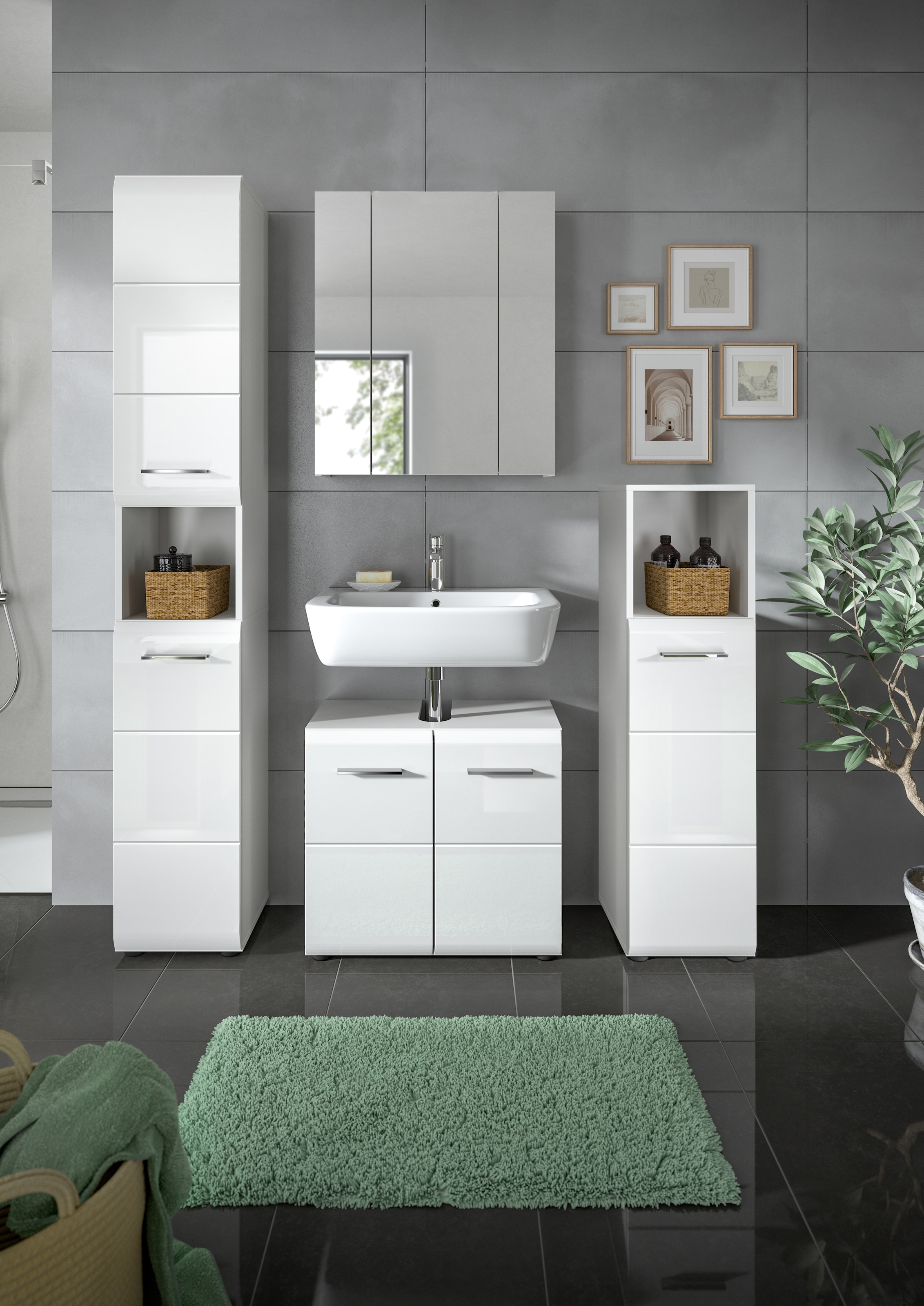INOSIGN Badezimmer-Set, (Set, 4 St.), Florenz, Badkombination 4-tlg., Weiß hochglanz tiefzieh, Hochschrank