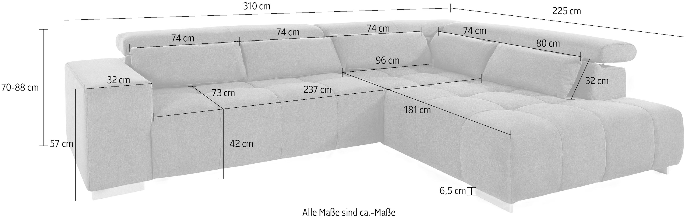 COTTA Ecksofa »Orion L-Form«, mit Kopfteilverstellung & 5 Nierenkissen