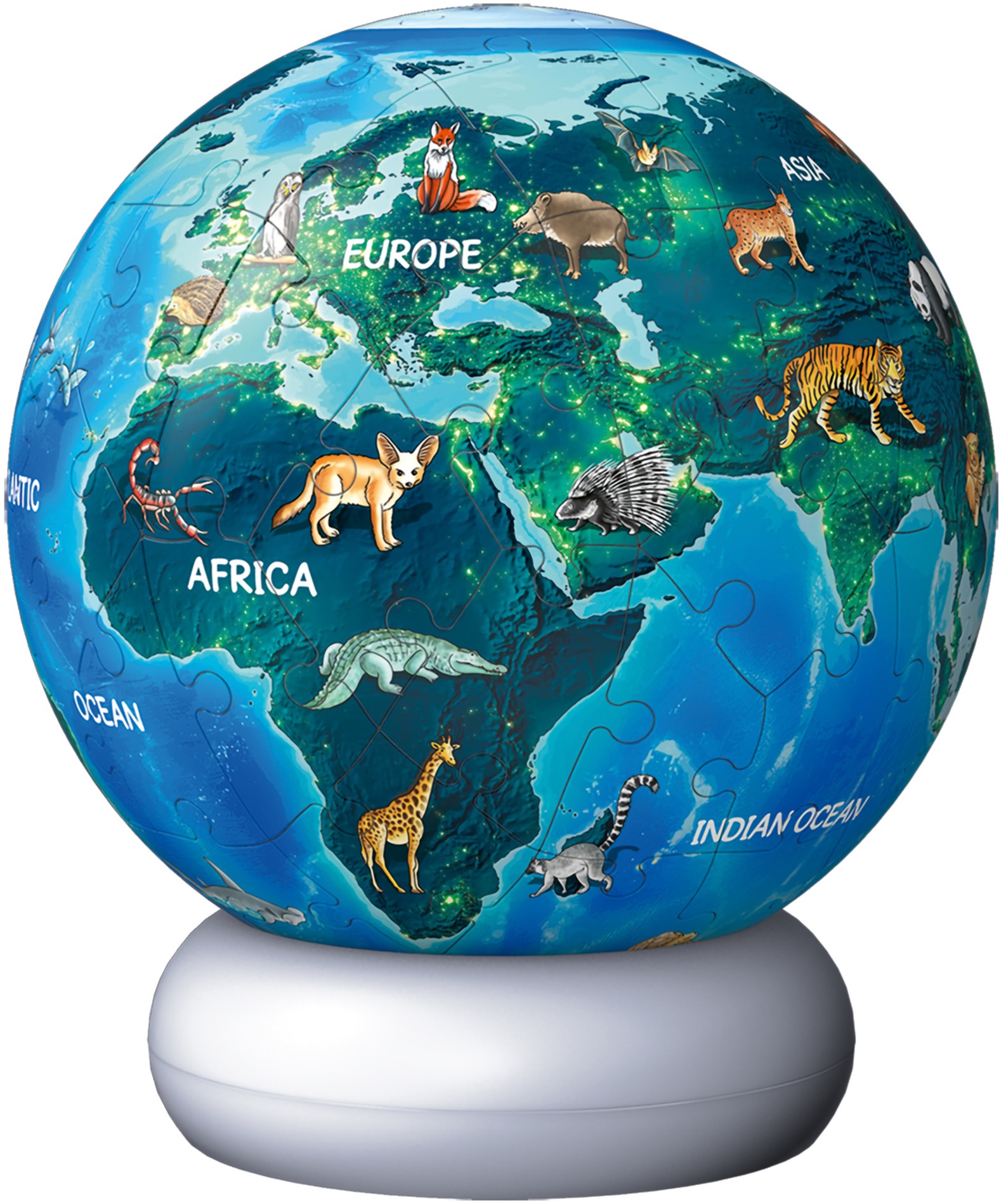 Ravensburger Puzzleball »Nachtlicht Erde mit Tiermotiven« beleuchtet