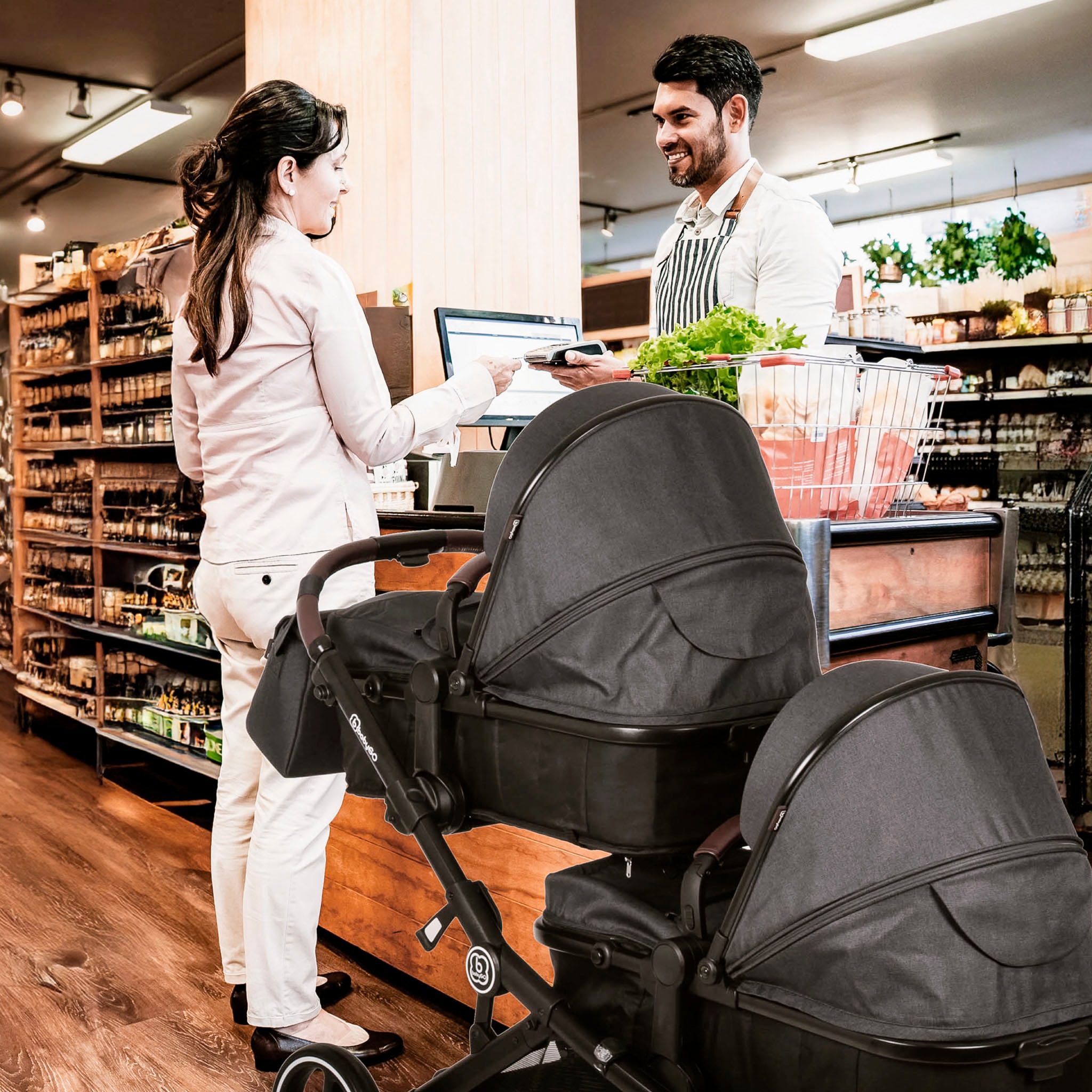 BabyGo Zwillings-Kombikinderwagen »Twinner Set, Blau melange«, 30 kg, inkl. 2 Regenhauben, Wickeltasche