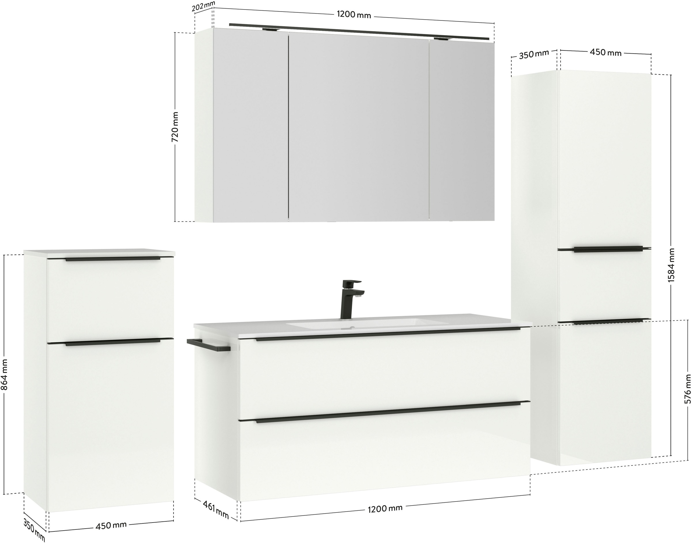 nobilia® Badmöbel-Set »Levere«, (4 St., vormontiert, mit Soft-Close), inkl. Spiegelschrank mit Beleuchtung und Dimmerfunktion, in 4 Breiten