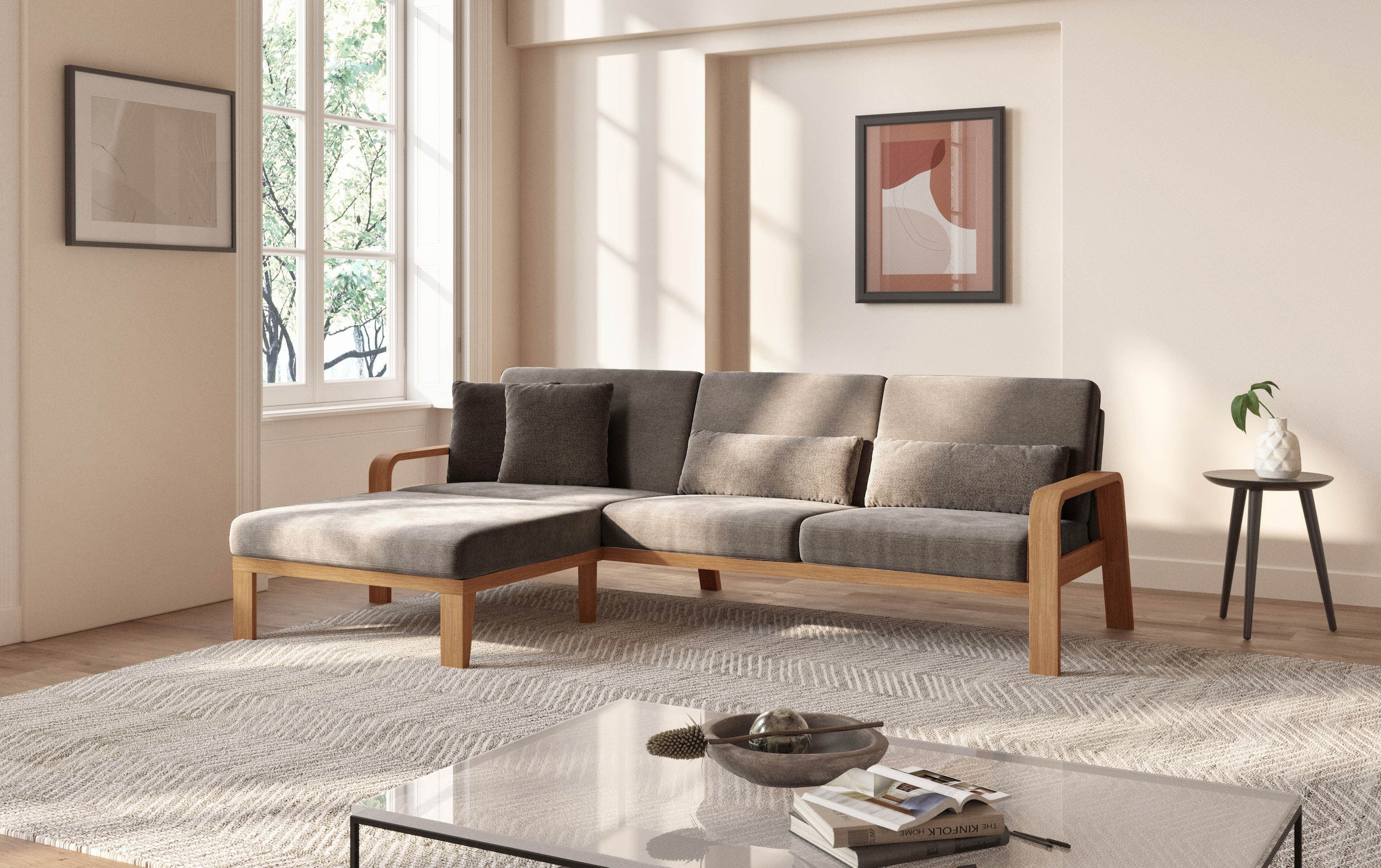 sit&more Ecksofa »Kolding L-Form«, Armlehnen aus eichefarbigem Buchenholz, verschiedene Bezüge und Farben