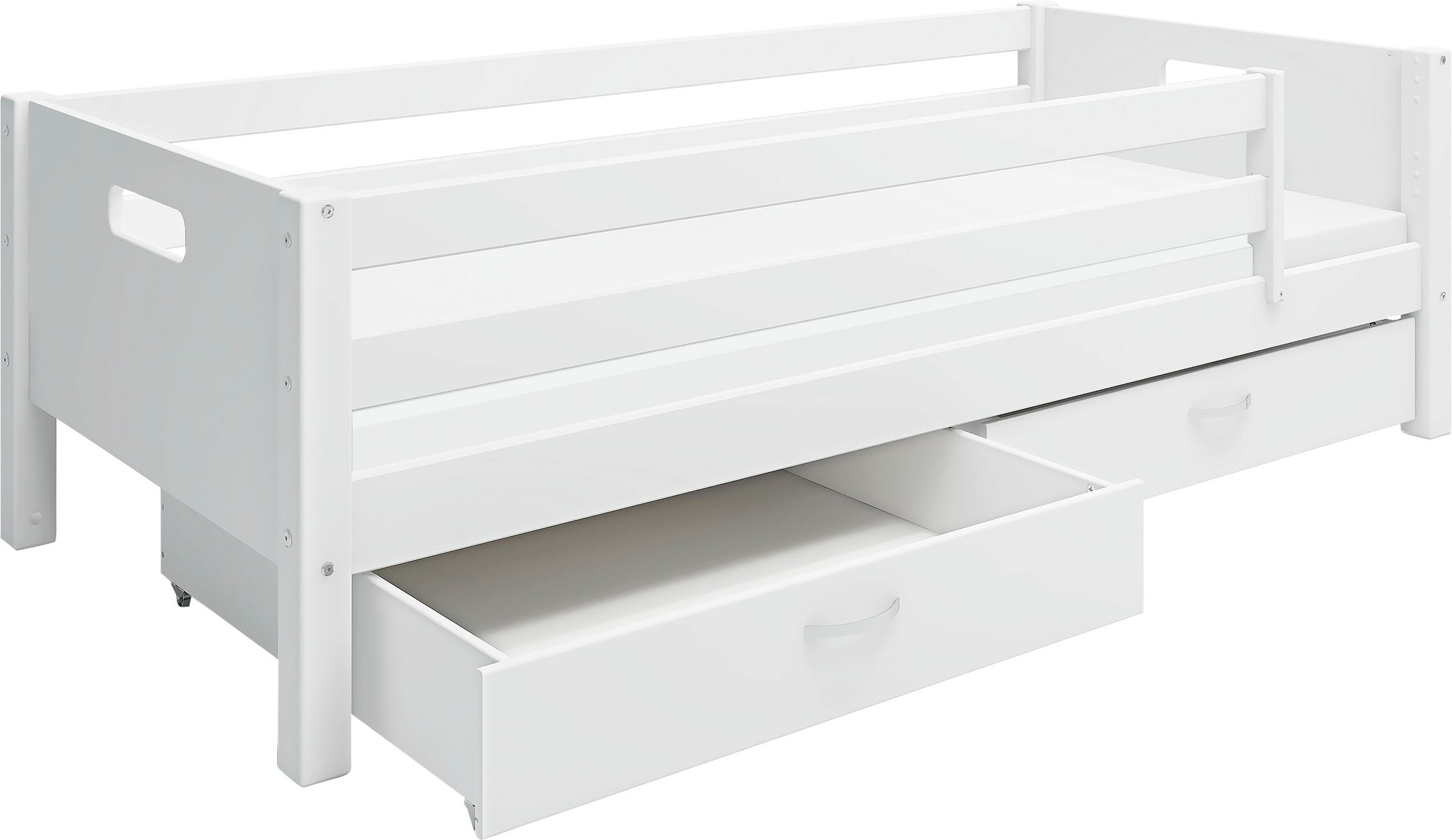 Einzelbett, Nordic produziert bei Flexa, incl Rollrost, weiß + weiß + weiß Hintere Absturzsicherung in Kiefer-Absturzsicherung vorne in Kiefer-Schubladensatz mit 2 Stück
