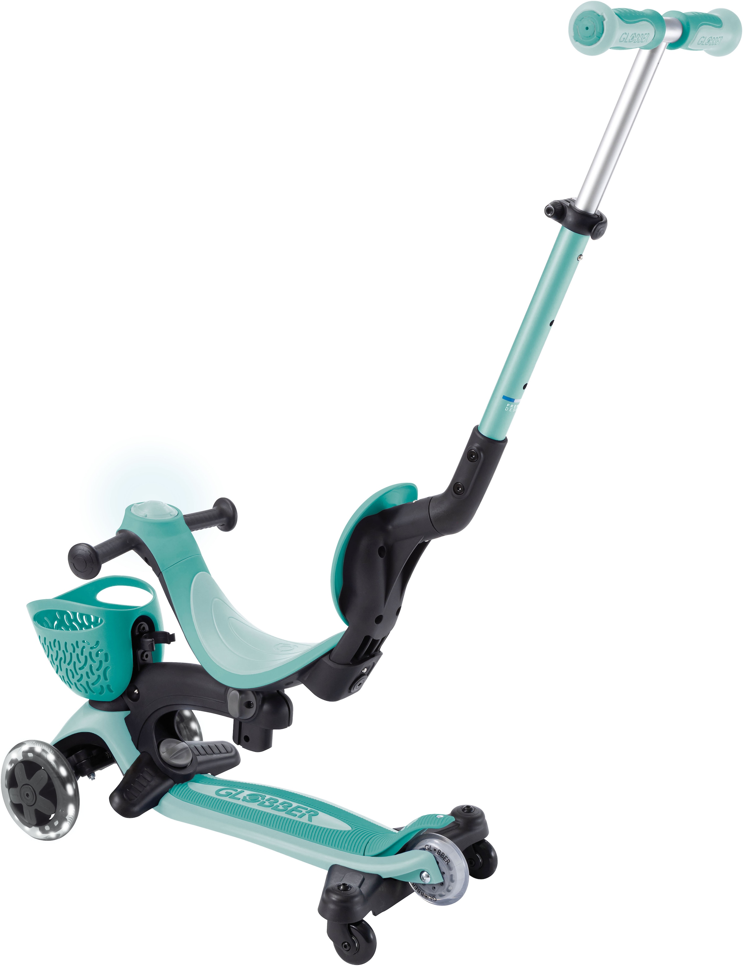 Globber Tretroller »GO-UP BABY 360 LIGHTS, mit Leuchtrollen und Leuchtmodul« Aufsitzrad, Laufrad und Scooter in Einem