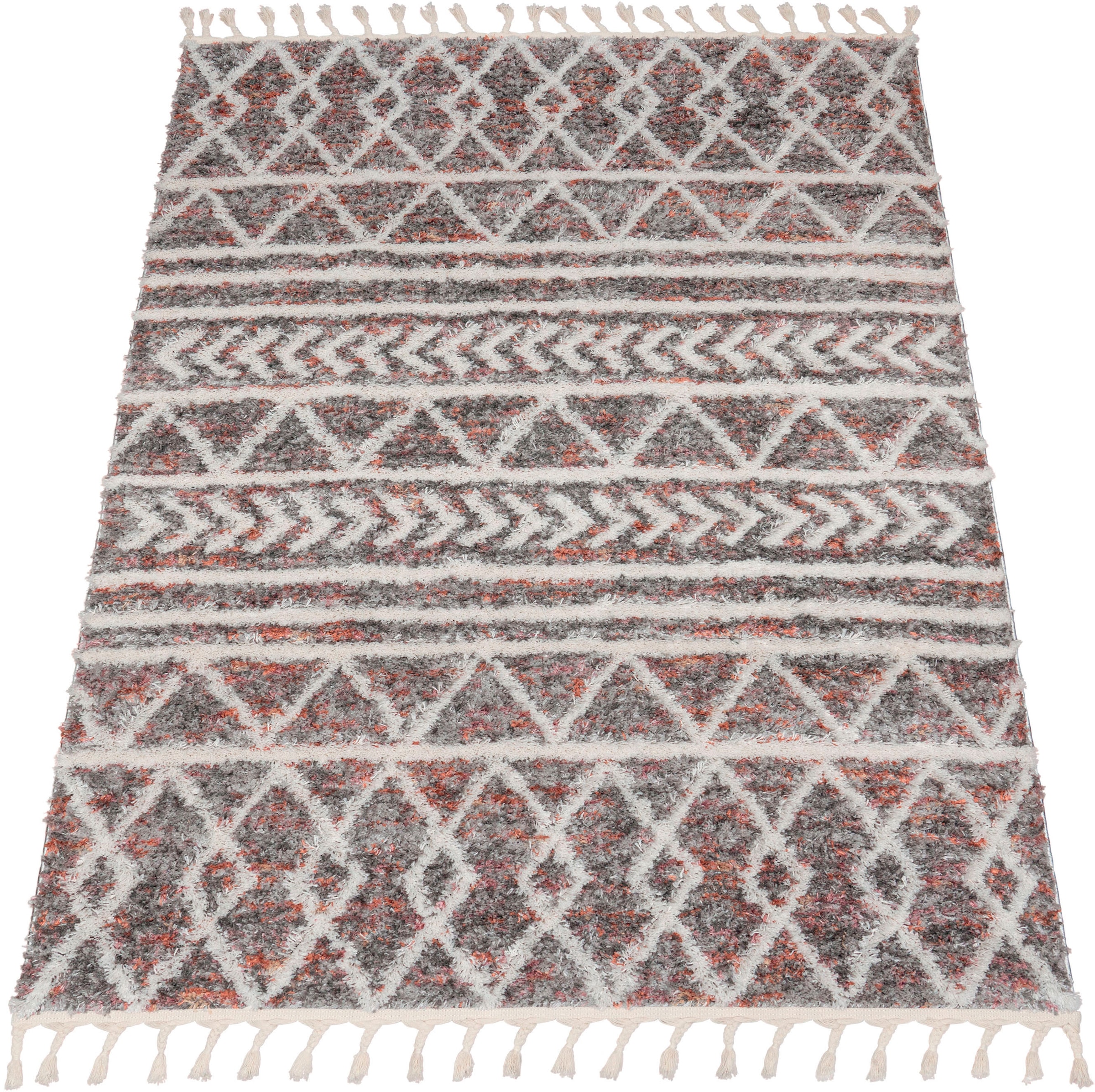 Paco Home Hochflor-Teppich »Monza 653«, rechteckig, 34 mm Höhe, meliert, Rauten Muster, 3D-Effekt, mit Fransen