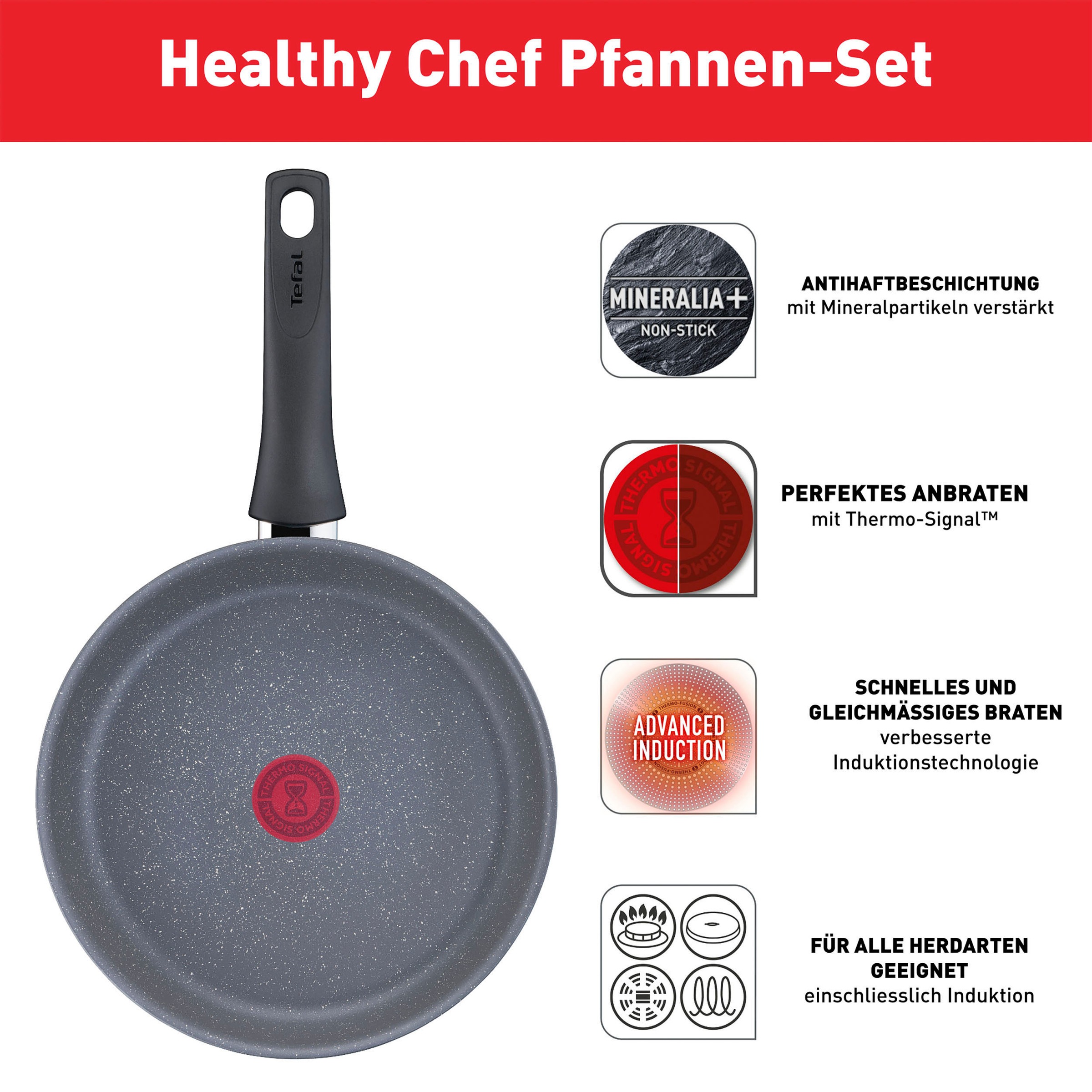 Tefal Pfannen-Set »Healthy Chef«, Aluminium, (Set, 2 tlg., je 1 Pfanne Ø 24 und 28 cm), Mineralia+ Antihaftversiegelung, Thermo-Signal, Induktion