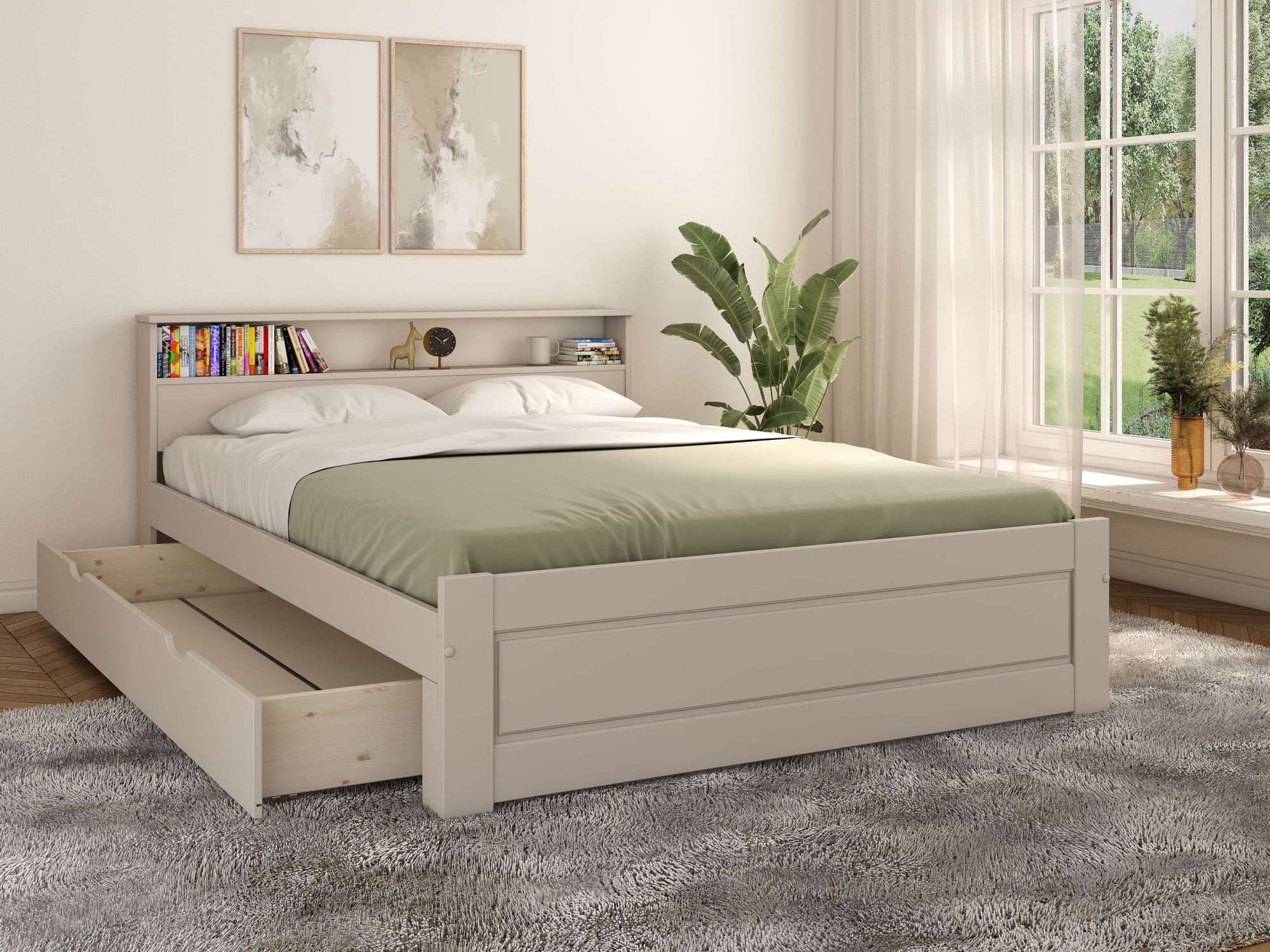 OTTO home Massivholzbett »FLAVION,  Jugendbett, FSC® zertifizierte massive Kiefer« Breite: 90, 140, 180,  Qualitätsprodukt, Regal, Kassettenoptik, Schublade optional
