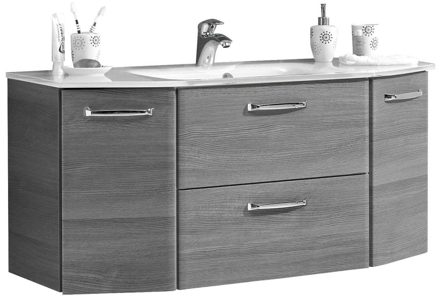 Saphir Badmöbel-Set »Quickset 2-teilig, Glaswaschtisch mit LED-Spiegelschrank, 115 cm breit«, (2 St.), Badezimmer Set inkl. Türdämpfer, 5 Türen, 1 Klappe, 1 Schublade