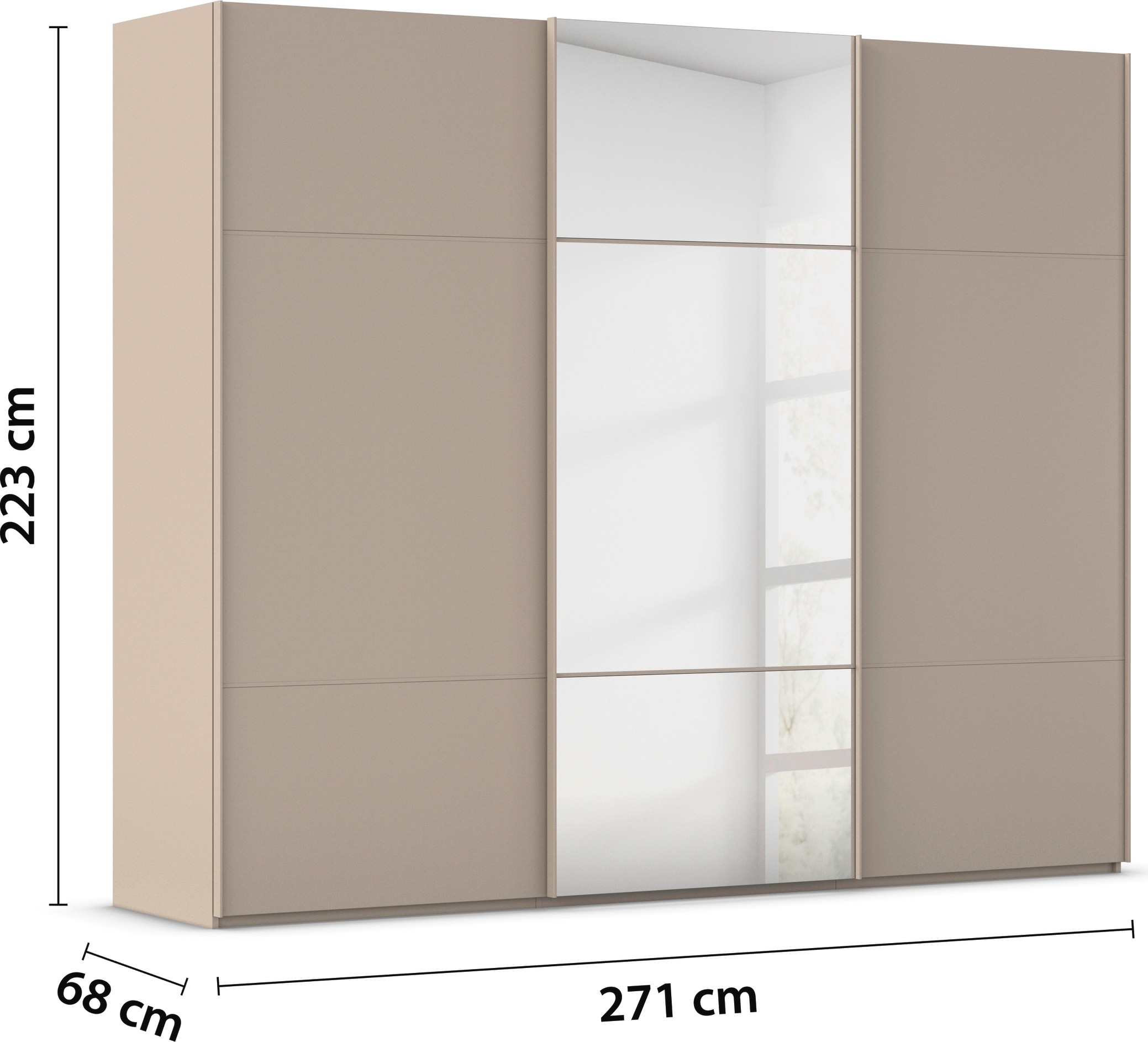 rauch Schwebetürenschrank »Kleiderschrank Schrank Garderobe Schlafzimmerschrank SCALE-TRIO«, edle dreigeteilte Front mit 2 Zierleisten und Spiegel MADE IN GERMANY