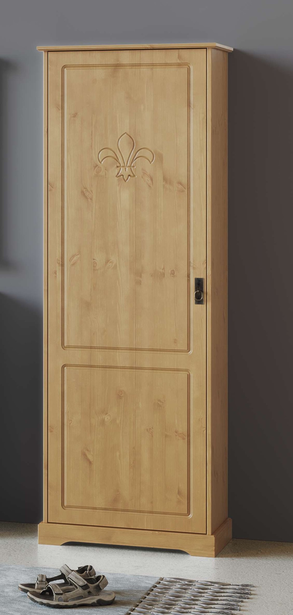 Home affaire Garderobenschrank »Lille Mehrzweckschrank Breite/Höhe: 67/187 cm«, aus massiver Kiefer, mit schöner Lilien-Fräsung, Jugendstil-Griffe