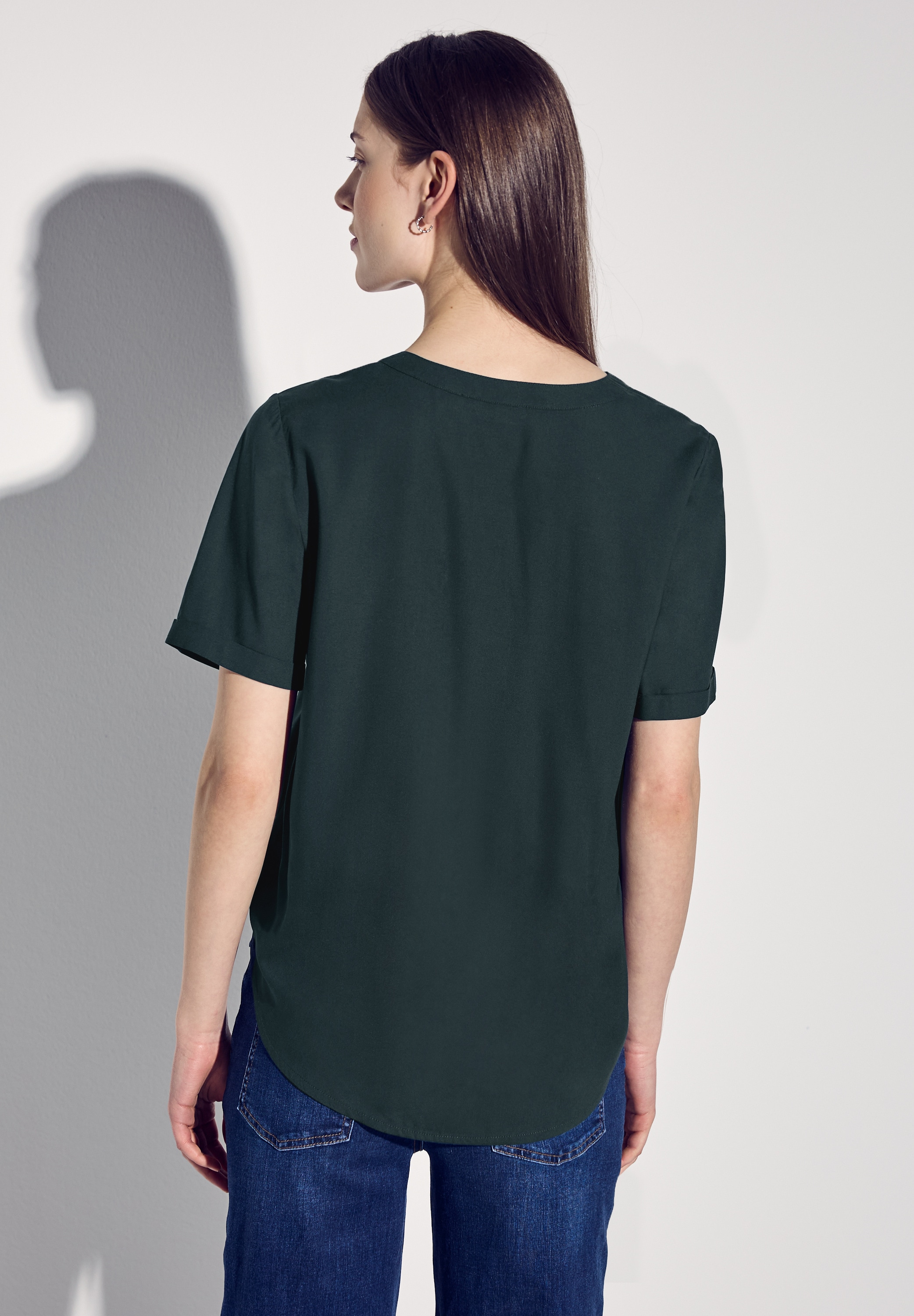 STREET ONE Kurzarmbluse mit geschlitztem Rundhalsausschnitt