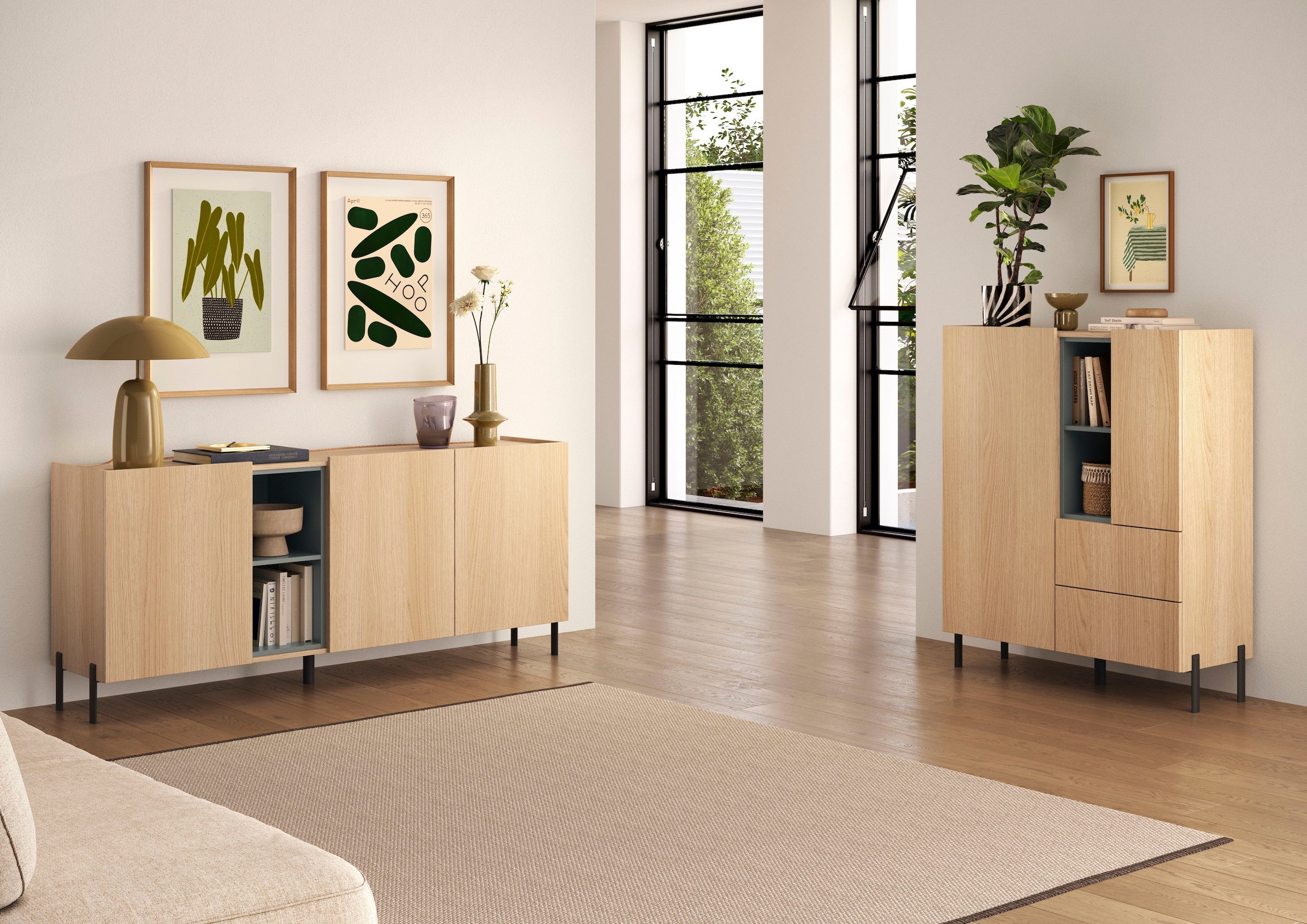 OTTO home Sideboard »Badia, 182 cm breit, 3 Türen, Anrichte, Kommode, Stauraumschrank« Innenliegendes Top, gerade Metallfüße, salbeigrüne Farbakzente