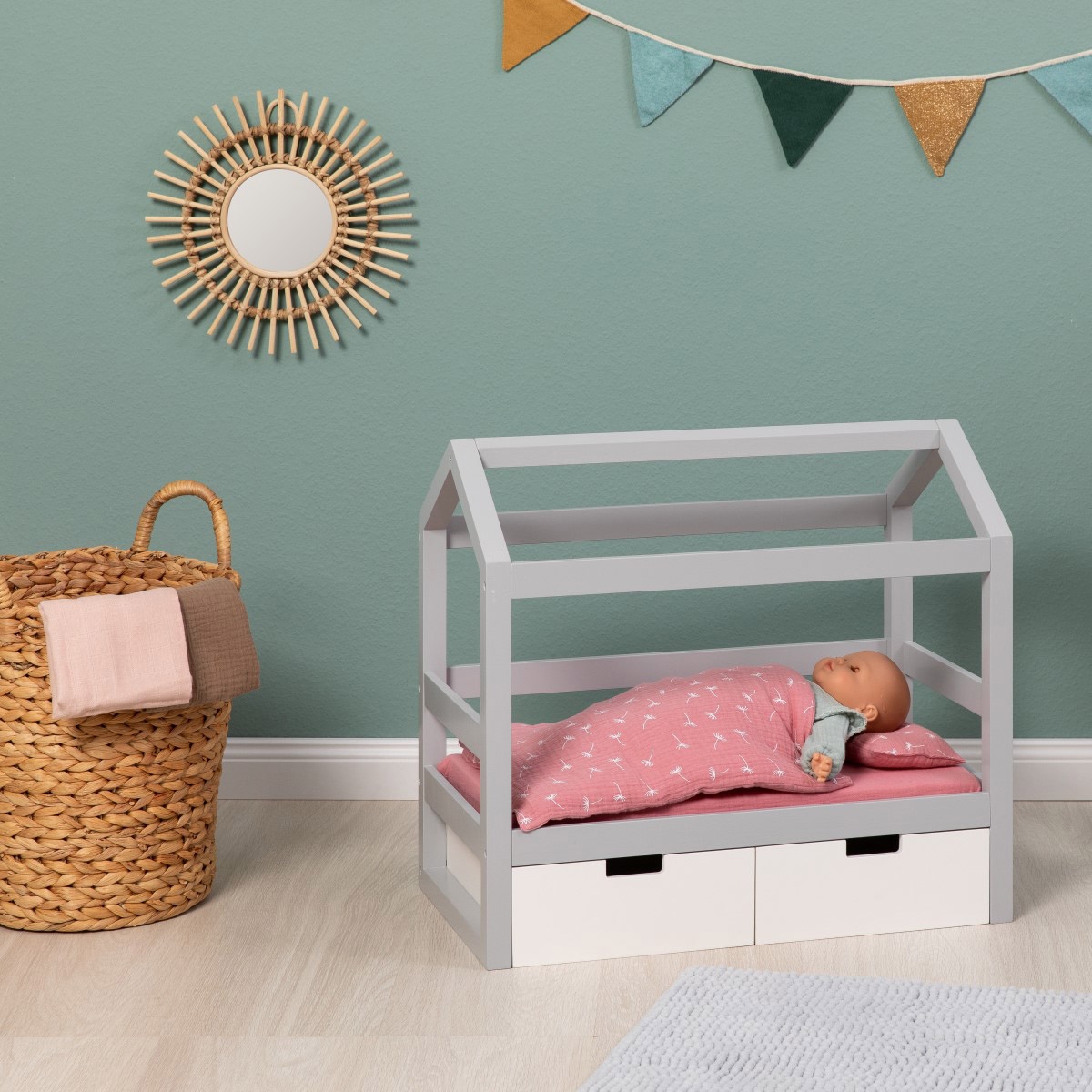 MUSTERKIND® Puppenbett »Puppen-Hausbett Viola, grau/weiß«, aus Holz