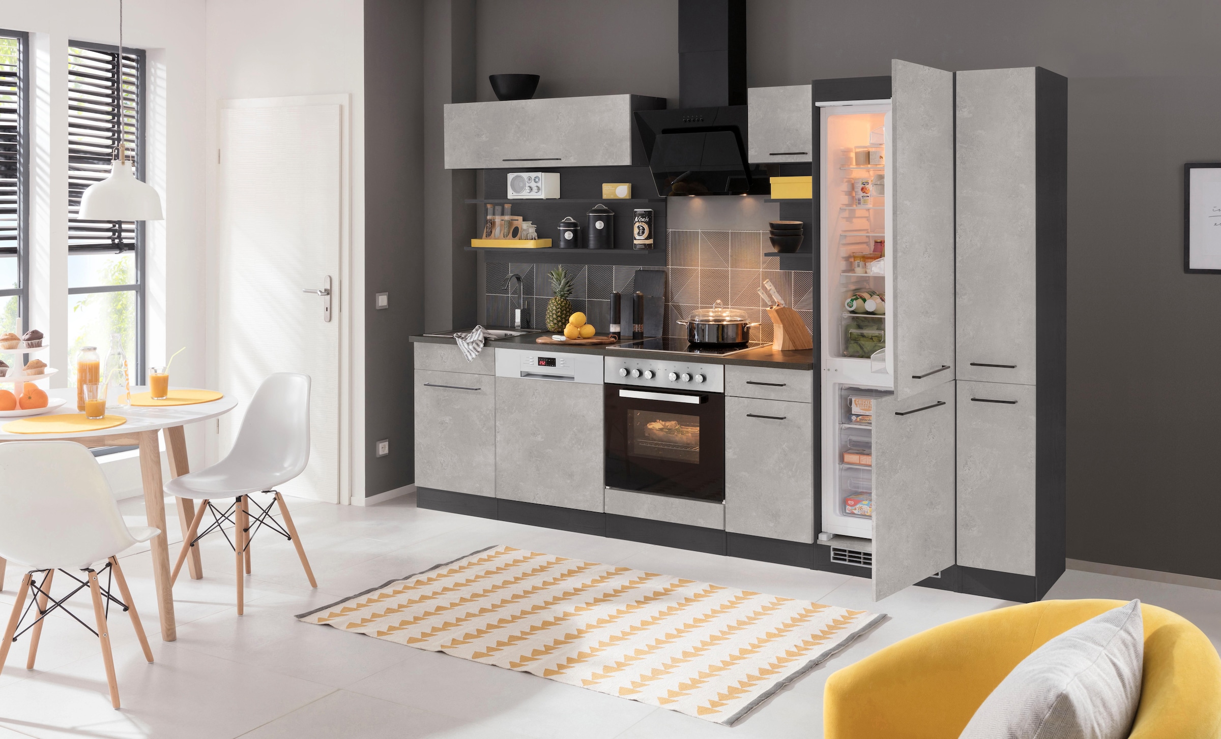 KOCHSTATION Küchenzeile »KS-Tulsa«, ohne E-Geräte, Breite 300 cm, schwarze Metallgriffe, MDF Fronten