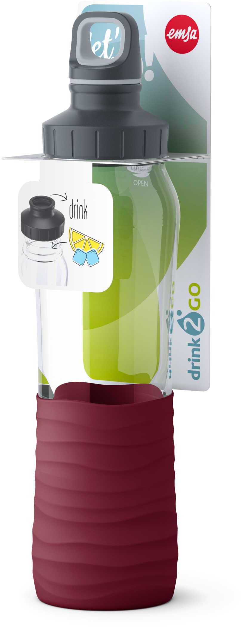 »Drink2Go«, jetzt und Liter, bestellen 0,7 Griff Fassungsvermögen: sicherer unbedenklicher Schraubverschluss, dicht, spülmaschinenfest, mit geschmacksneutral Soft-Touch, Trinkflasche Emsa 100% Glas, Trinkgenuss, 2-Wege-Öffnung, rein und
