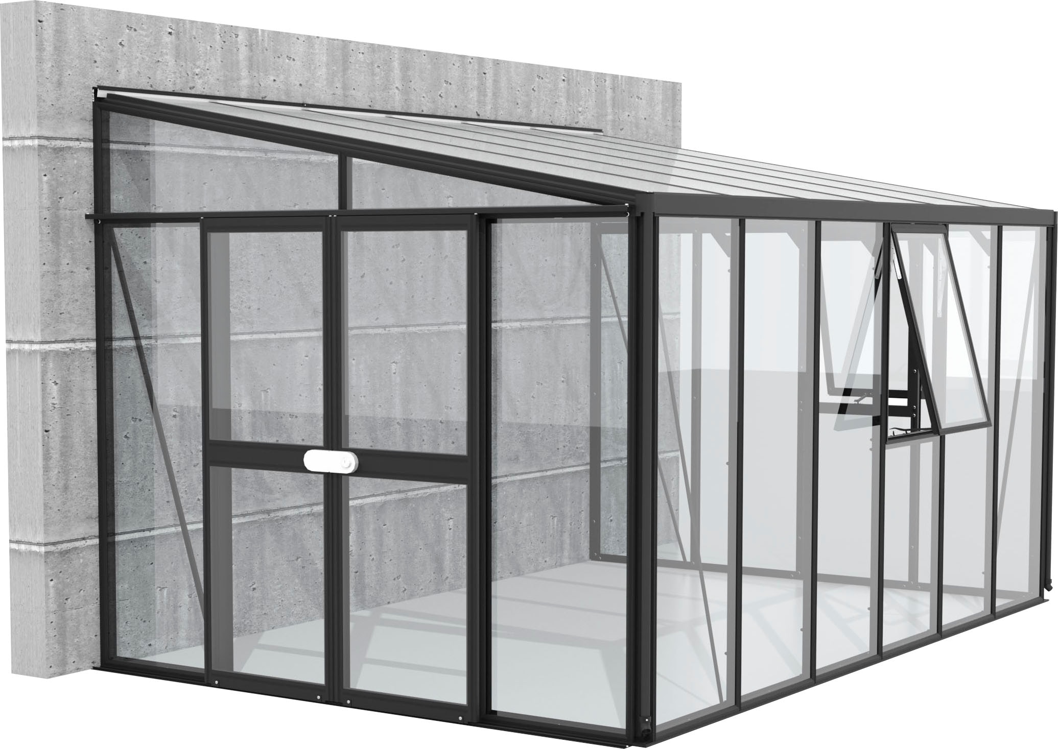 Anlehngewächshaus "H_elena 10200", Alu-Profile, 3 mm Sicherheitsglas, Dach 10 mm Hohlkammerplatten schwarz B/T: 397 cm x 266 cm