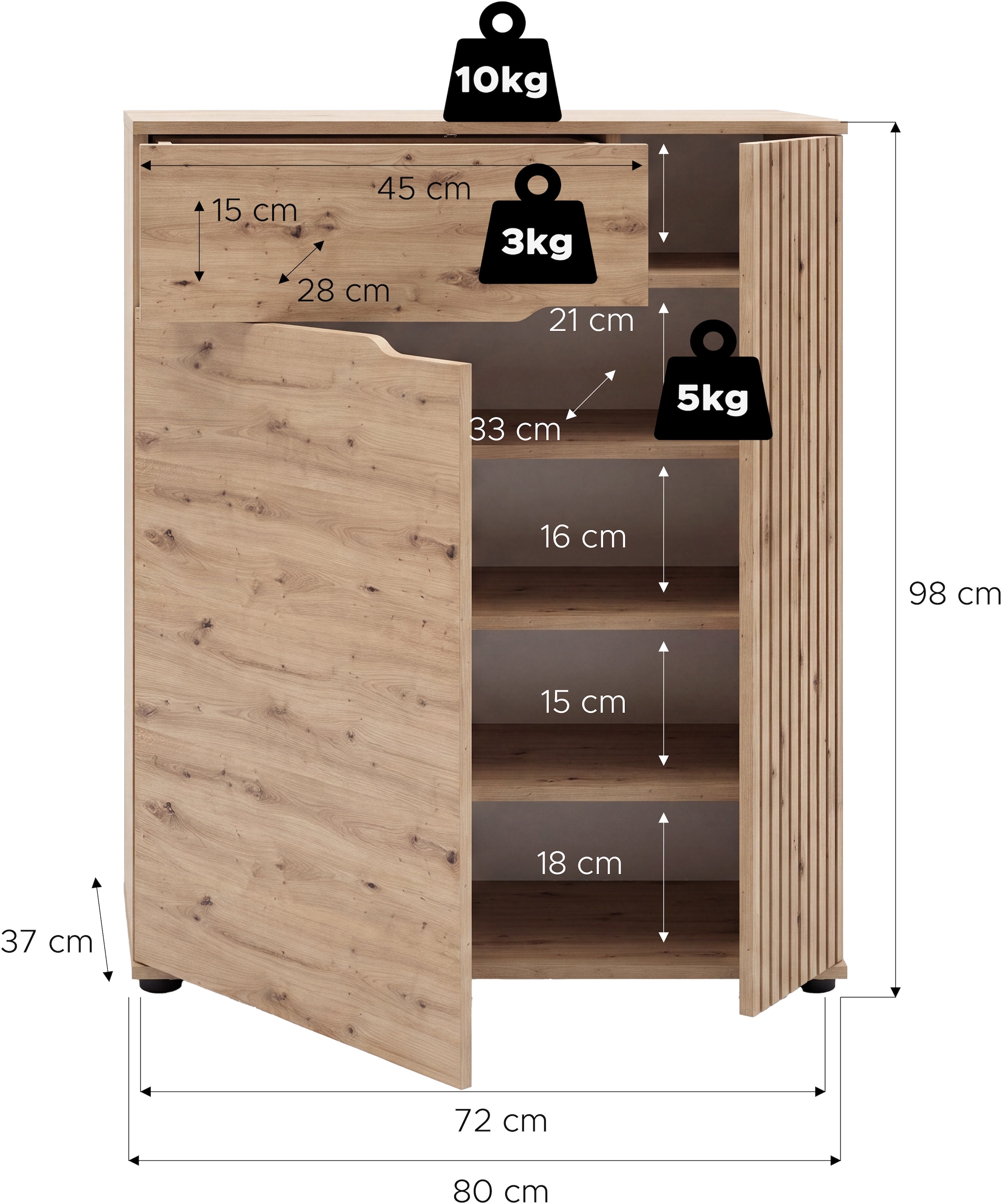 OTTO home Schuhkommode »FJELL, Breite 80cm, 2 Türen, 1 Schubkasten, 3 Einlegeböden, 5 Fächer« Garderobenschrank, Schuhschrank, Kommode, Sideboard, Anrichte