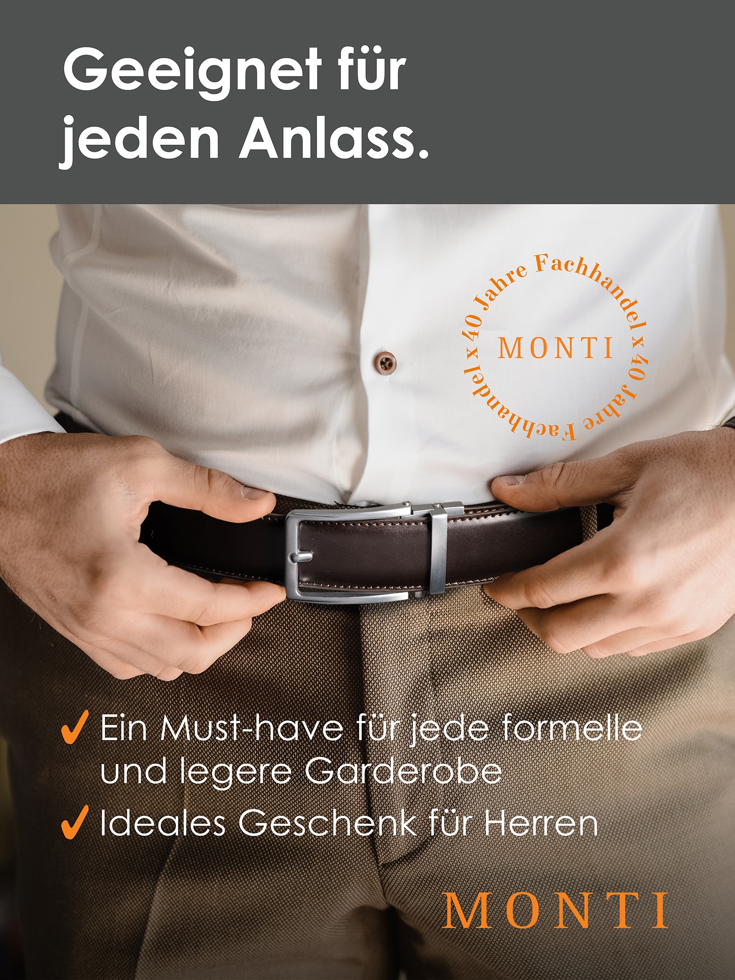 MONTI Ledergürtel, 3,5 cm breit, Klassisch-Business, Automatikschließe - Passt immer
