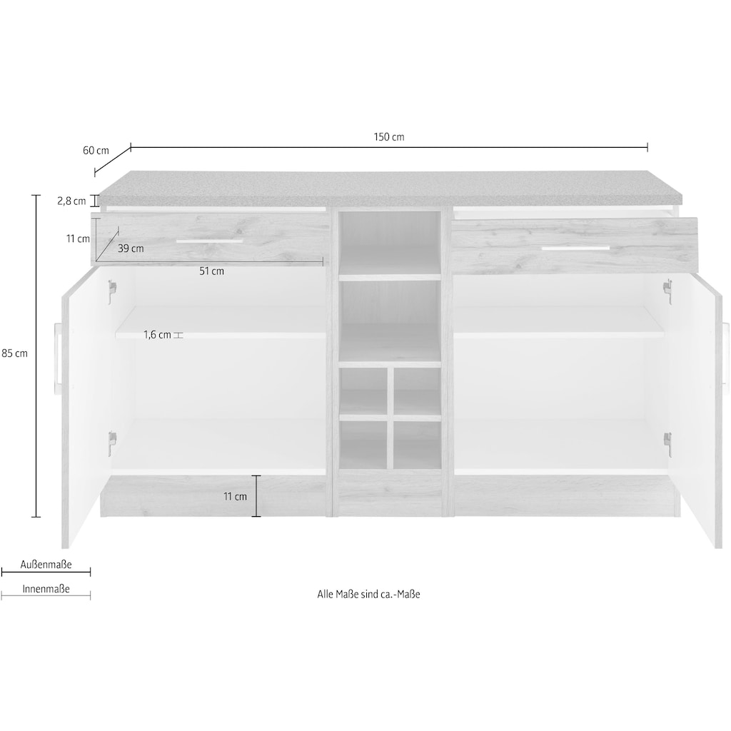 HELD MÖBEL Unterschrank »Colmar«, 150 cm breit, 2 Schubkästen, 2 Türen, 6 Fächer, für viel Stauraum