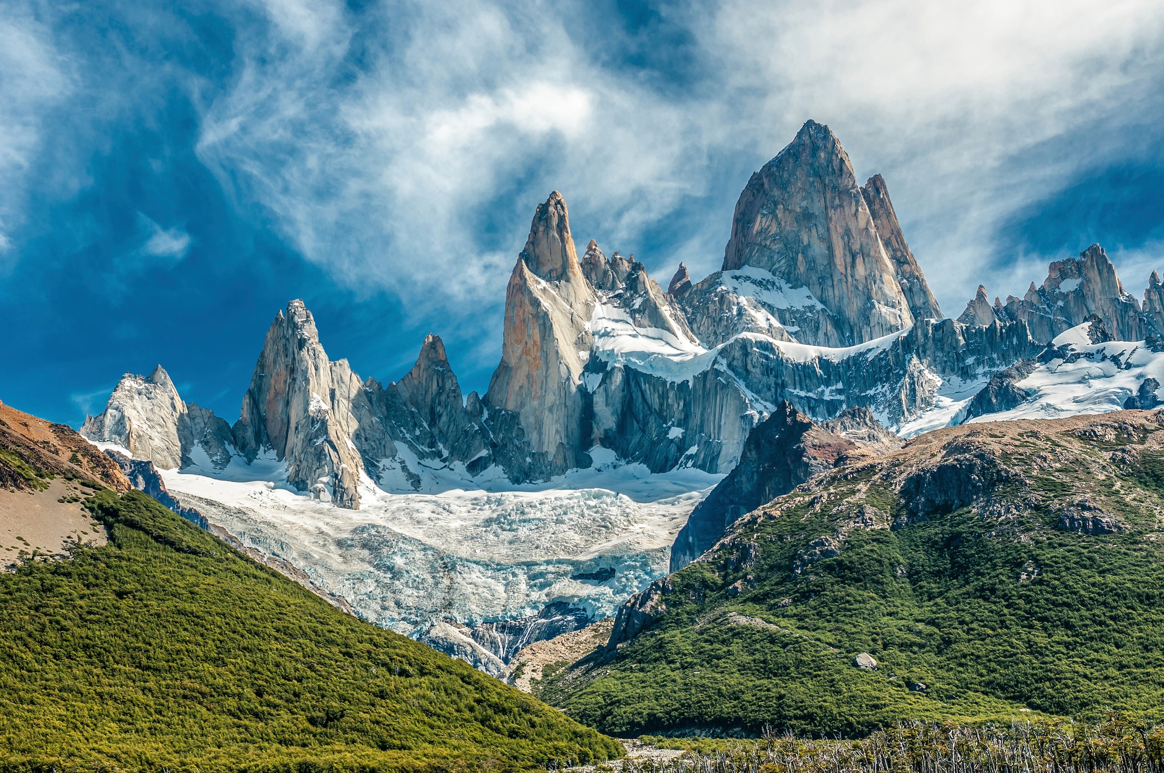 Papermoon Fototapete »GEBIRGE-PATAGONIEN BLUMEN BERGE WIESE SONNE WALD FLUS günstig online kaufen