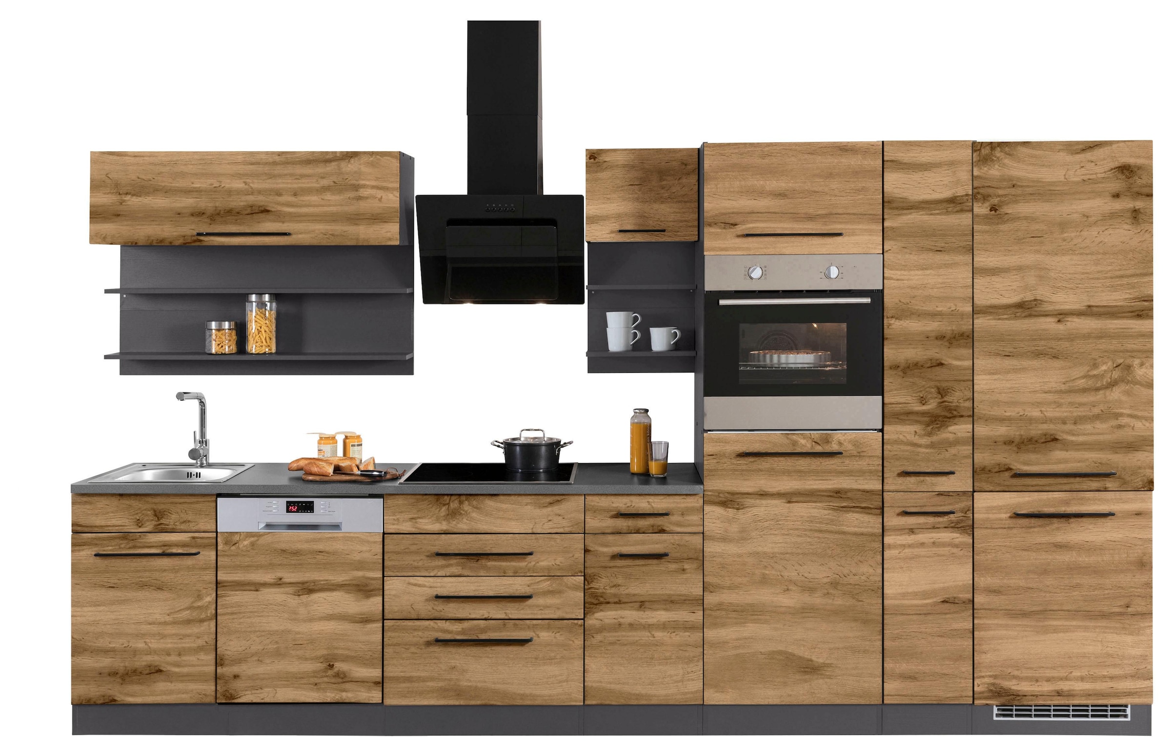 KOCHSTATION Küchenzeile »KS-Tulsa« mit E-Geräten, Breite 360 cm, schwarze Metallgriffe, MDF Fronten