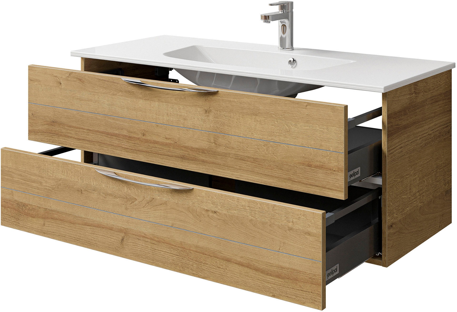 Saphir Badmöbel-Set »Serie 6025 2-teilig Mineralmarmor-Waschtisch mit LED-Spiegelschrank«, (2 St.), Waschplatz 117cm breit, 2 Schubladen, 3 Spiegel-Türen, inkl Türdämpfer