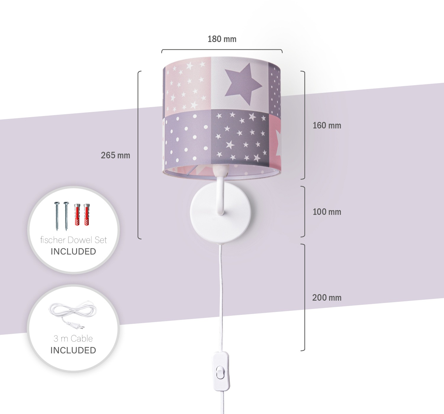 Paco Home Wandleuchte »Cosmo 345«, 1 flammig, Leuchtmittel E14 | ohne Leuchtmittel, Kinderlampe Wandlampe Schalter Ø…18cm Sterne Punkte Kabellänge 3m E14