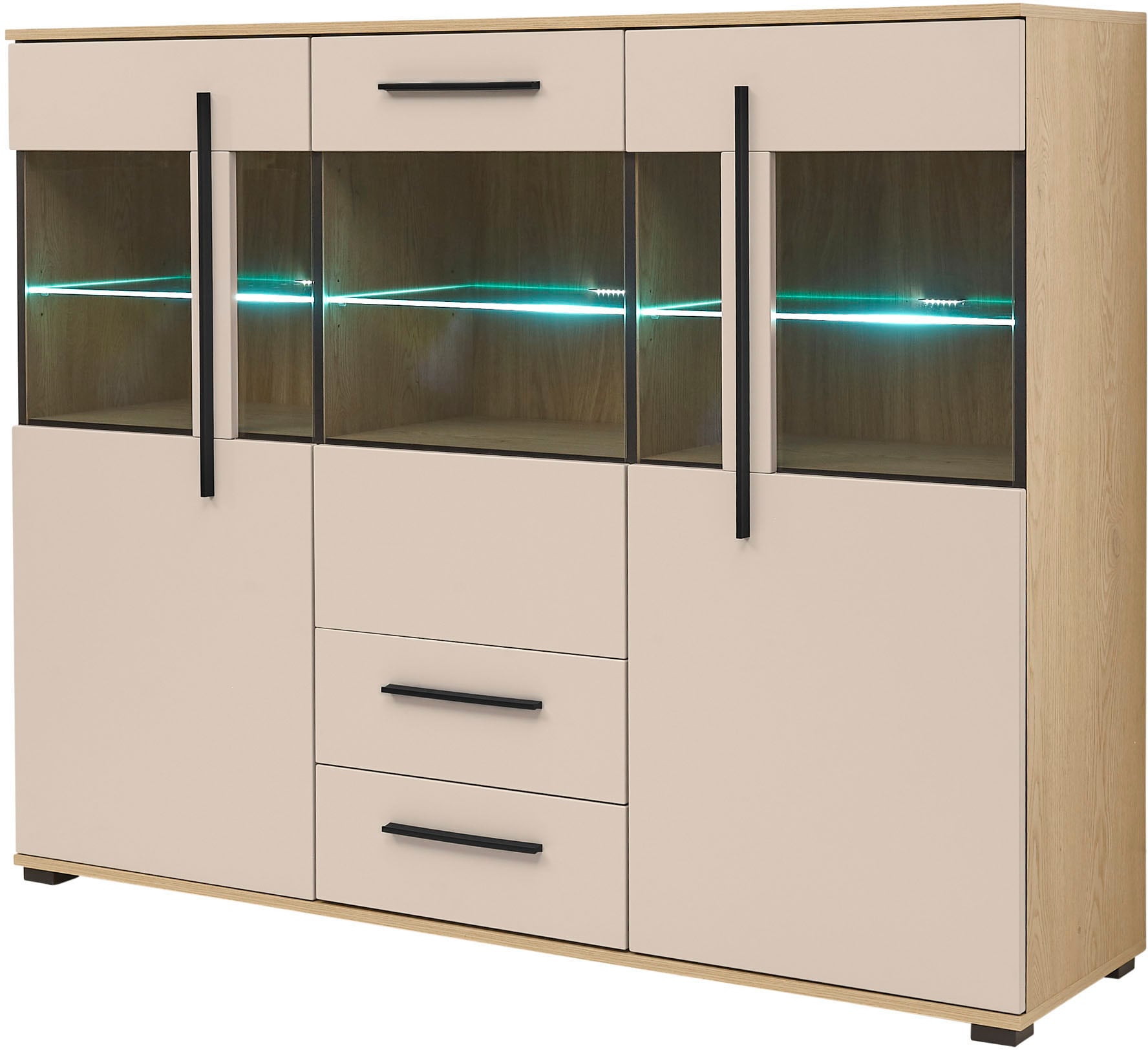 Home affaire Highboard »Cantara, moderner Schrank, Vitrine in Eiche Dekor, Weiß oder Kaschmir« schwarze Stangengriffe, ausreichend Stauraum, vielseitig einsetzbar
