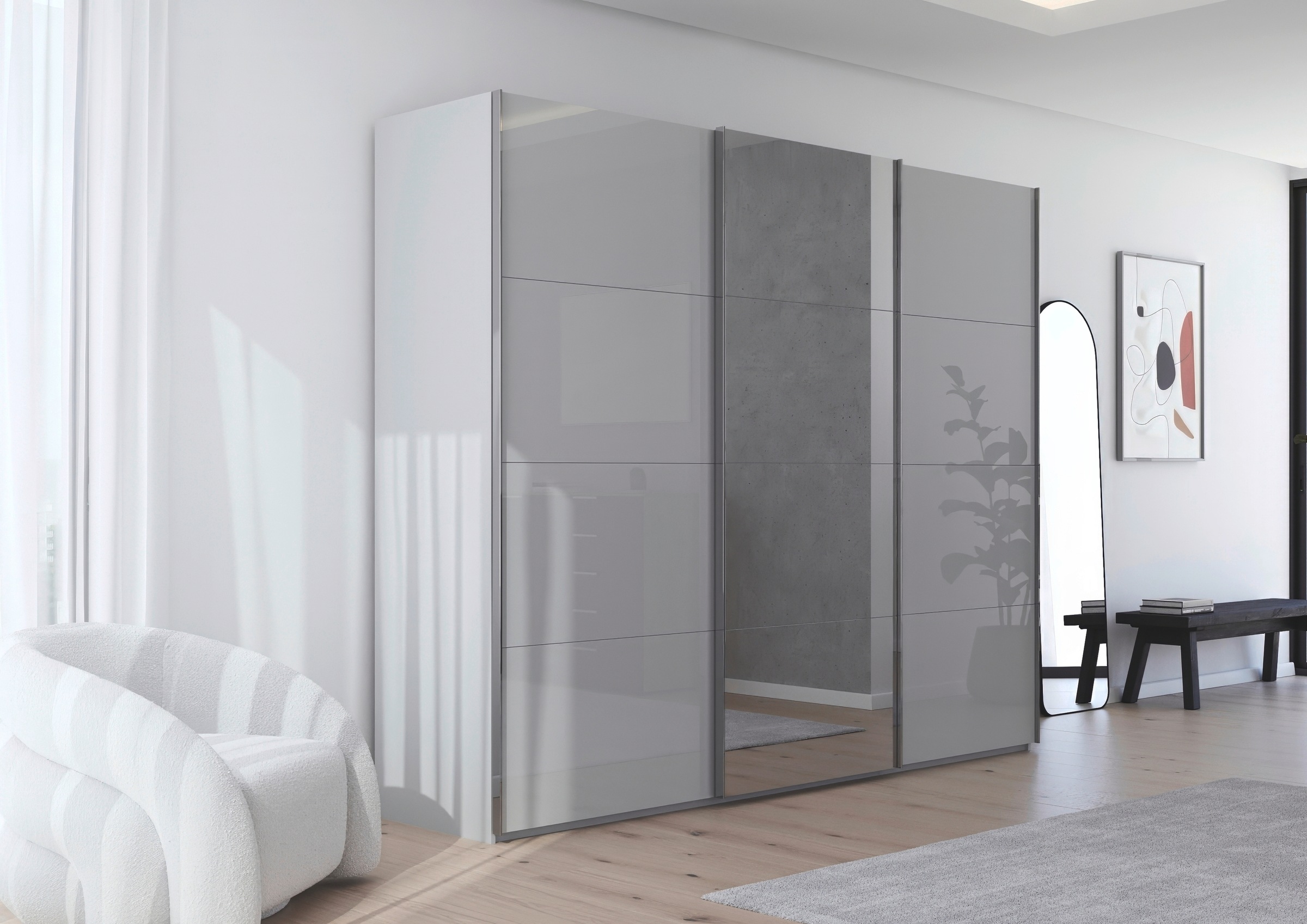 rauch Schwebetürenschrank »Kleiderschrank Schrank Garderobe Schlafzimmerschrank SCALE-FYRA«, edle viergeteilte Türen Spiegel/Glas-Mix viele Farben MADE IN GERMANY