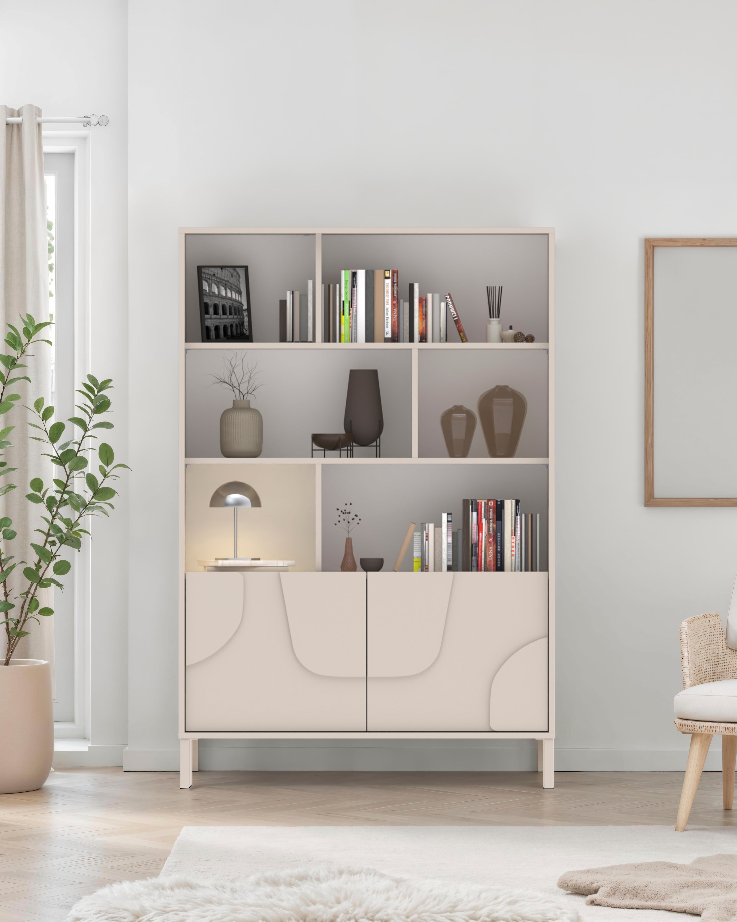 INOSIGN Highboard »Stone, H 155/141, B 105 cm, 2 Türen, 6 offene Fächer, Regal-Schrank« 3D-Design, Push-to-open, Stauraum dekorativ & praktisch, Füße wählbar
