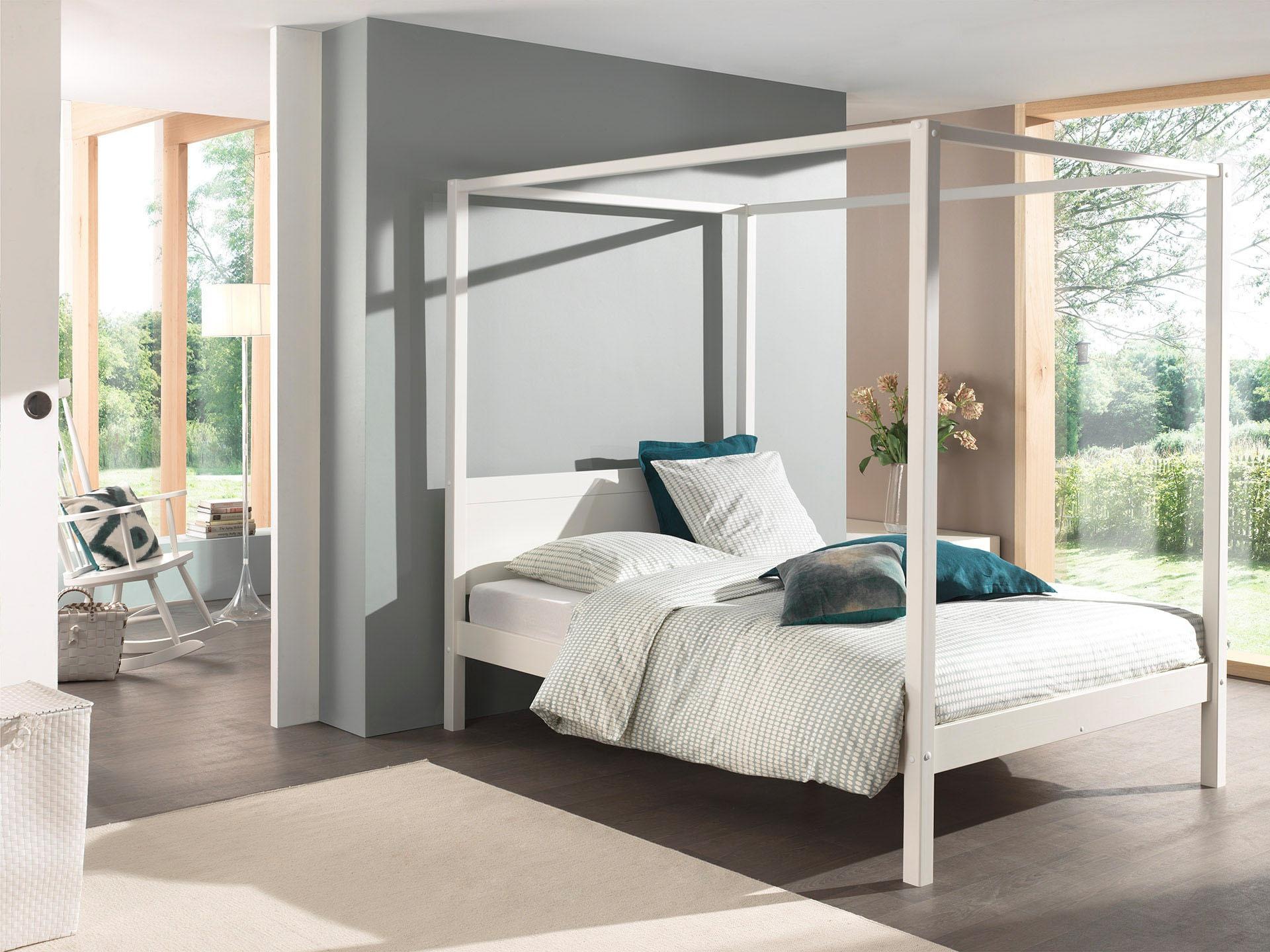 Vipack Himmelbett »Pino, Kiefer massiv weiß lackiert, Made in Europe, zeitloses Design«, (B/H/T ca. 208x191x148cm, inkl. Rolllattenrost, 2 Breiten zur Auswahl), wahlweise mit Textil-Himmel