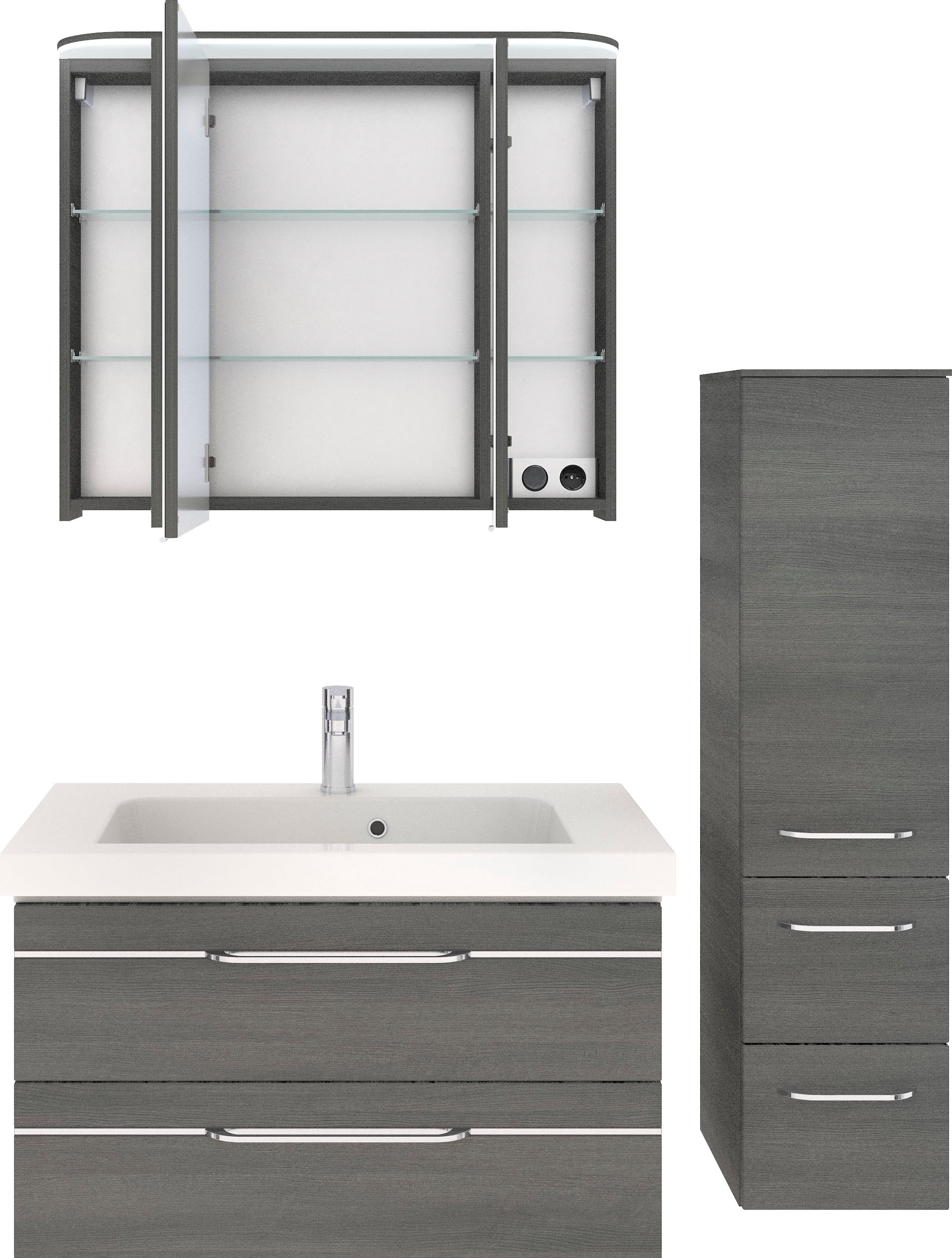 Saphir Badmöbel-Set »Balto Sprint 3-teilig, Mineralmarmor-Waschtisch mit LED-Spiegelschrank«, (4 St.), Badezimmer Set mit Midischrank, inkl Türdämpfer, 4 Türen, 4 Schubladen